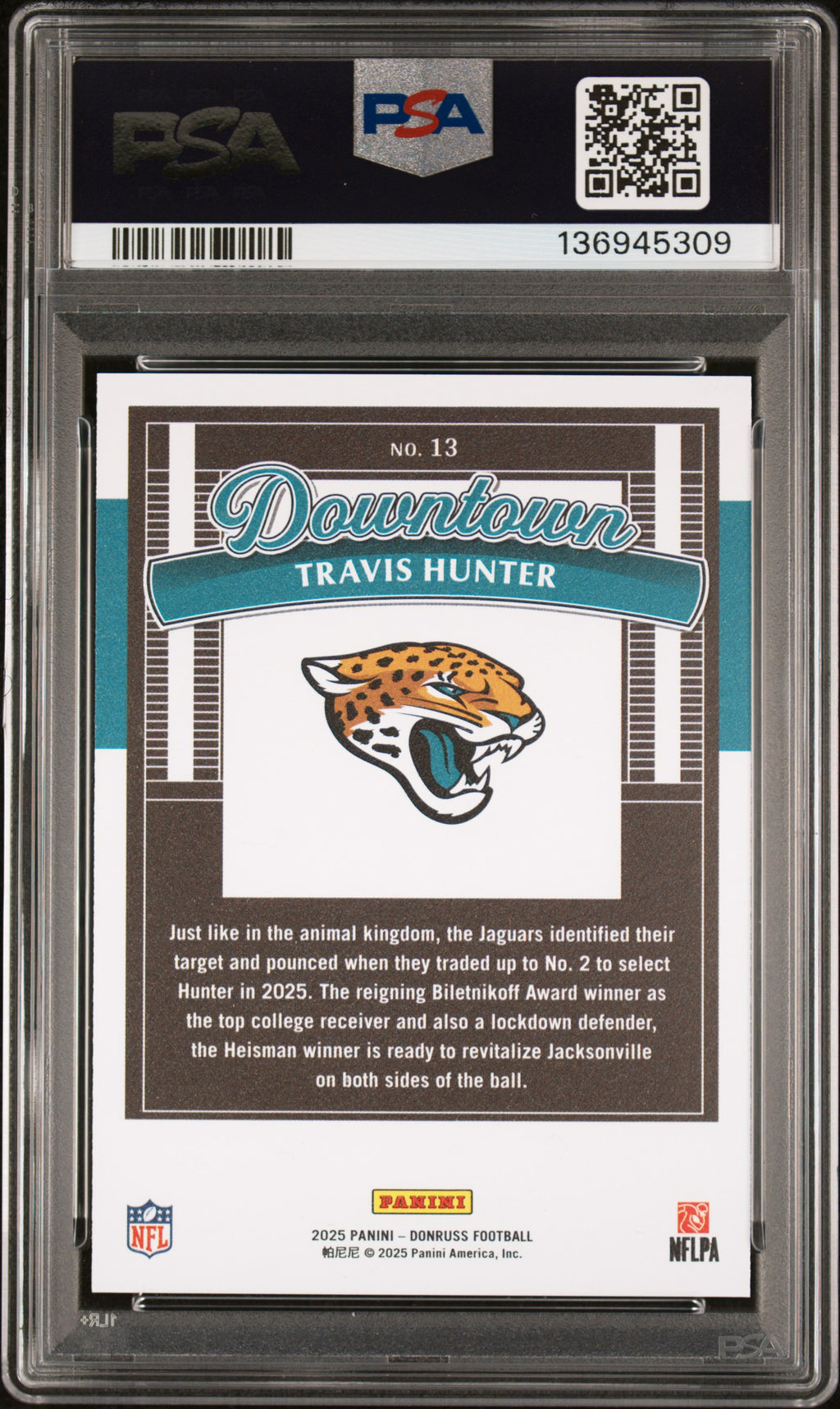 TRAVIS HUNTER 2025 Panini Donruss Rookie Downtown Case Hit SSP #13 PSA 10