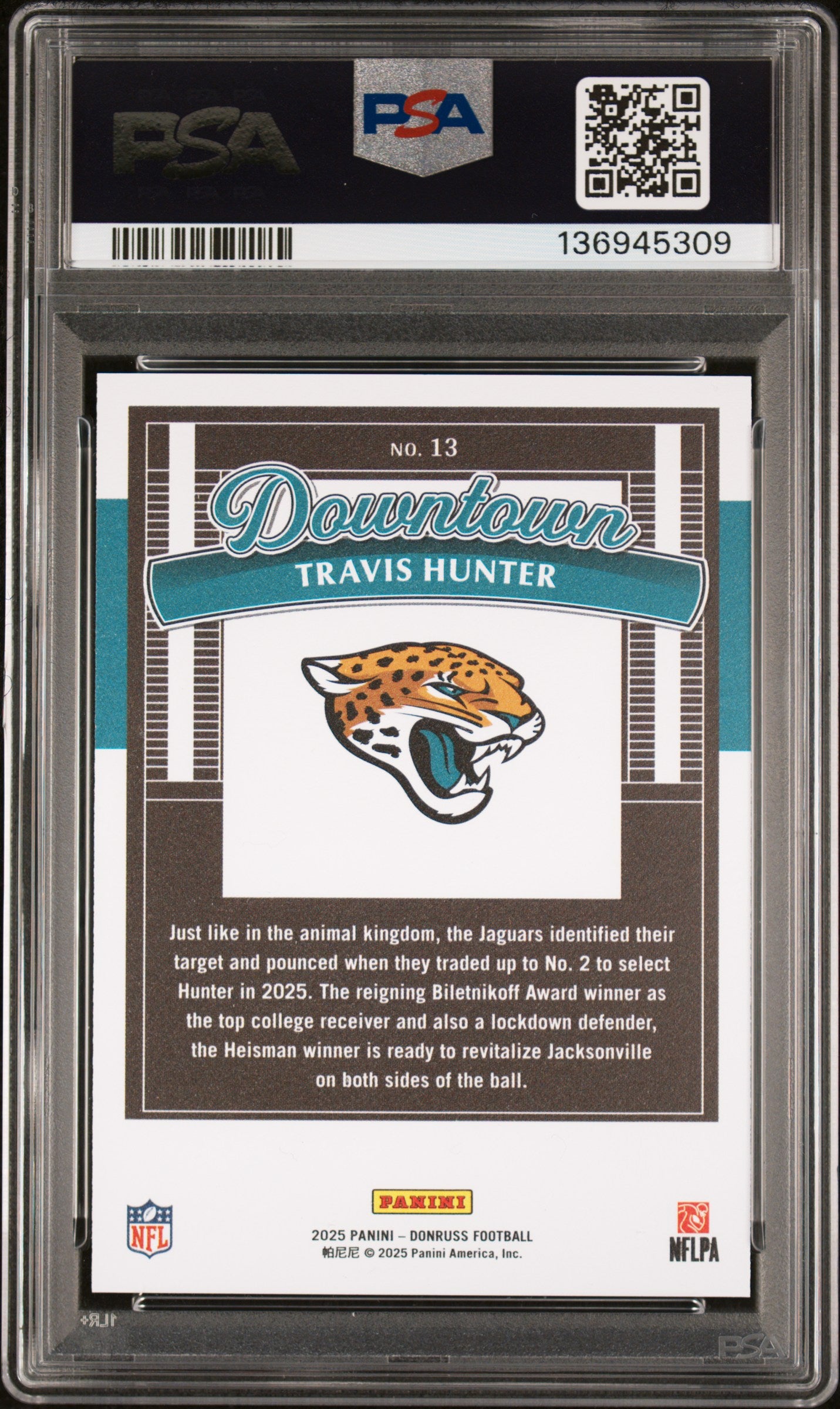 TRAVIS HUNTER 2025 Panini Donruss Rookie Downtown Case Hit SSP #13 PSA 10