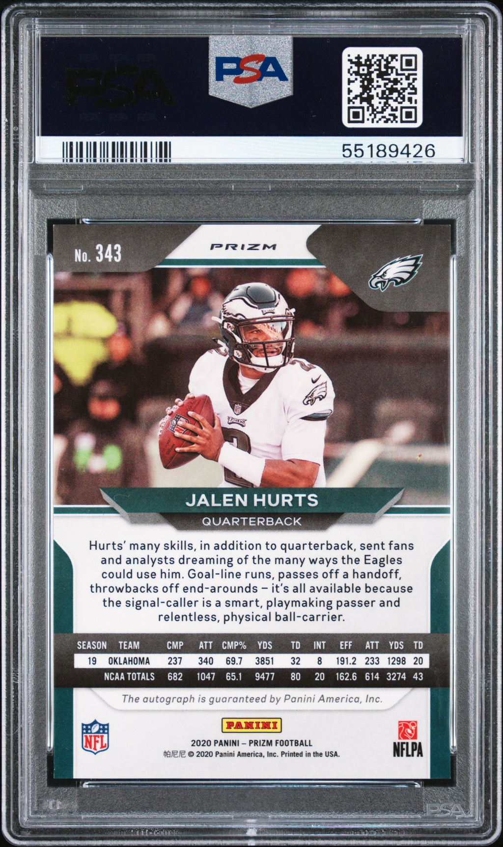 JALEN HURTS 2020 Panini Prizm Rookie Auto Neon Green Pulsar #343 PSA 9 AU 10