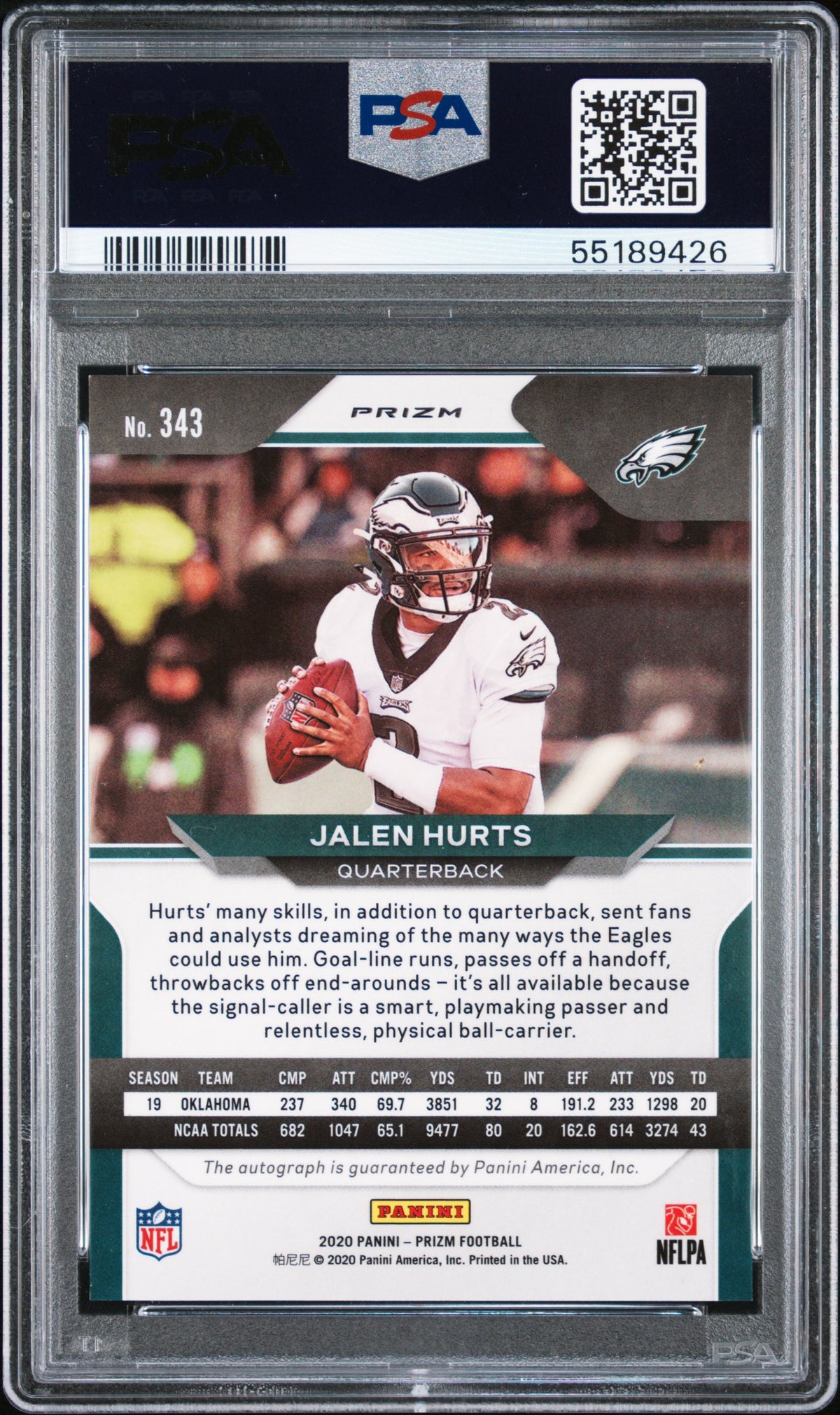 JALEN HURTS 2020 Panini Prizm Rookie Auto Neon Green Pulsar #343 PSA 9 AU 10