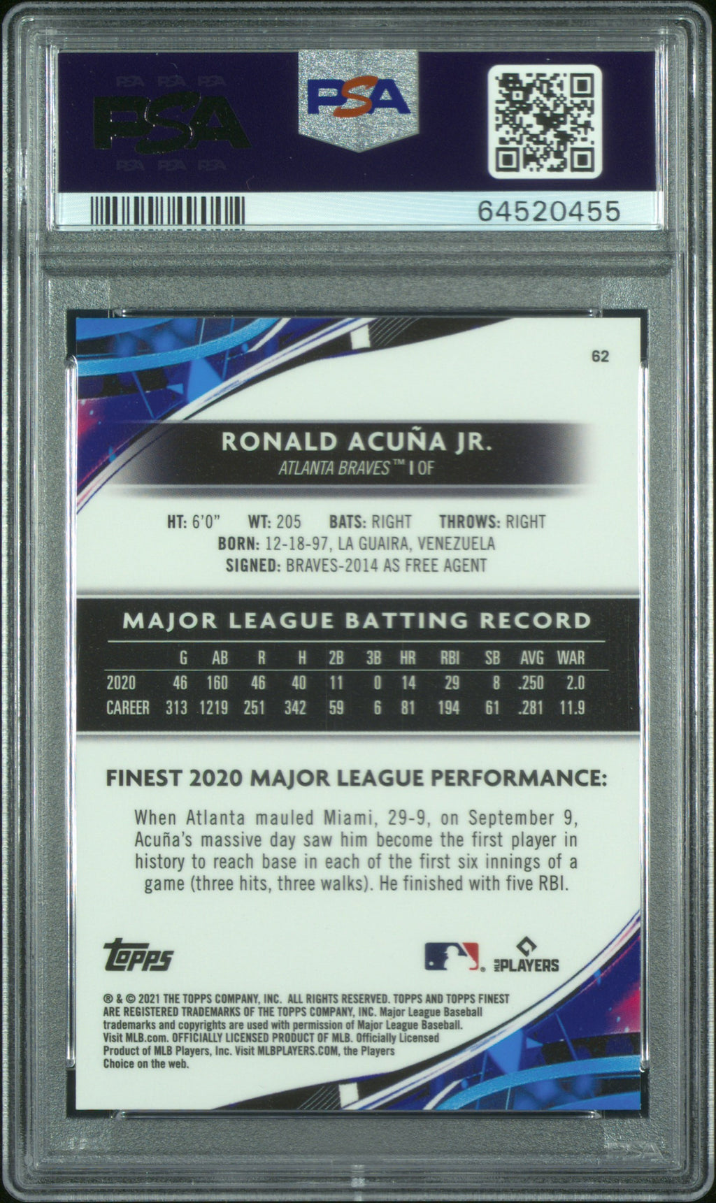 RONALD ACUNA 2021 Topps Finest Rose Gold Mini Diamond Refractor /50 #62 PSA 10