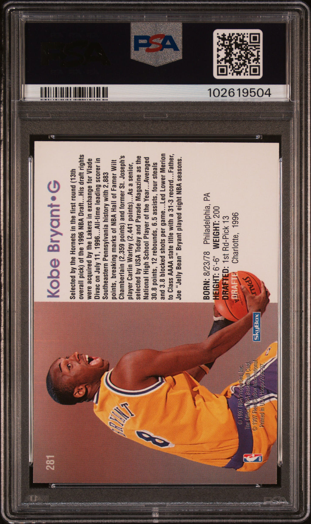 KOBE BRYANT 1996-97 SkyBox NBA Hoops Rookie PSA 7 #281 Los Angeles Lakers
