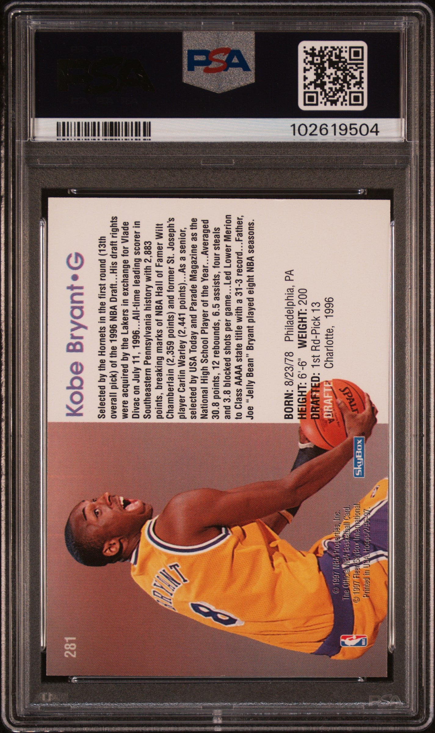 KOBE BRYANT 1996-97 SkyBox NBA Hoops Rookie PSA 7 #281 Los Angeles Lakers
