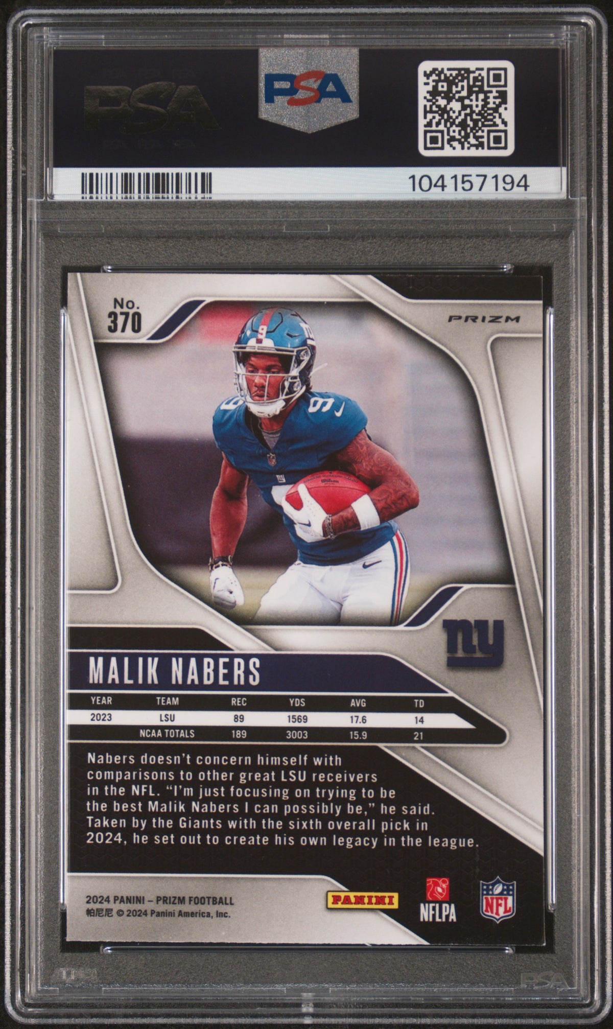 MALIK NABERS 2024 Panini Prizm Rookie Lazer #370 PSA 10 Giants