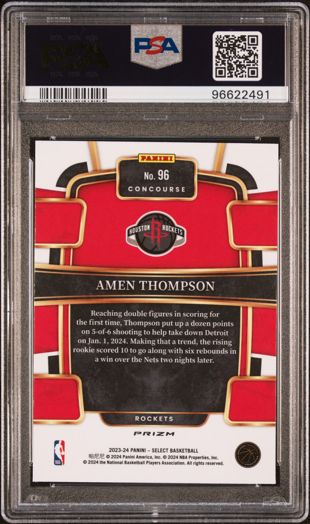 AMEN THOMPSON 2023-24 Panini Select Rookie Orange Flash Prizm #96 PSA 10 Rockets