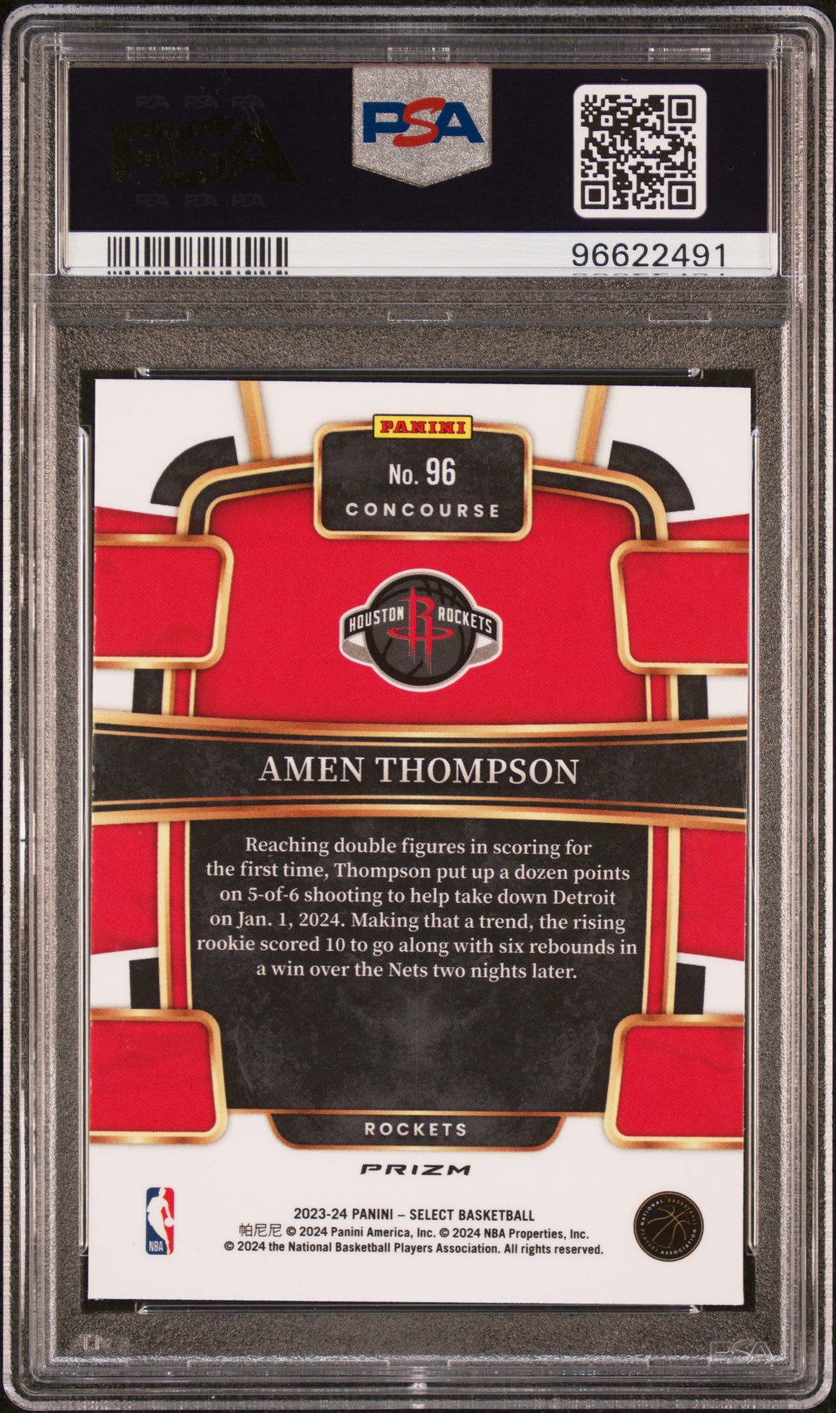 AMEN THOMPSON 2023-24 Panini Select Rookie Orange Flash Prizm #96 PSA 10 Rockets
