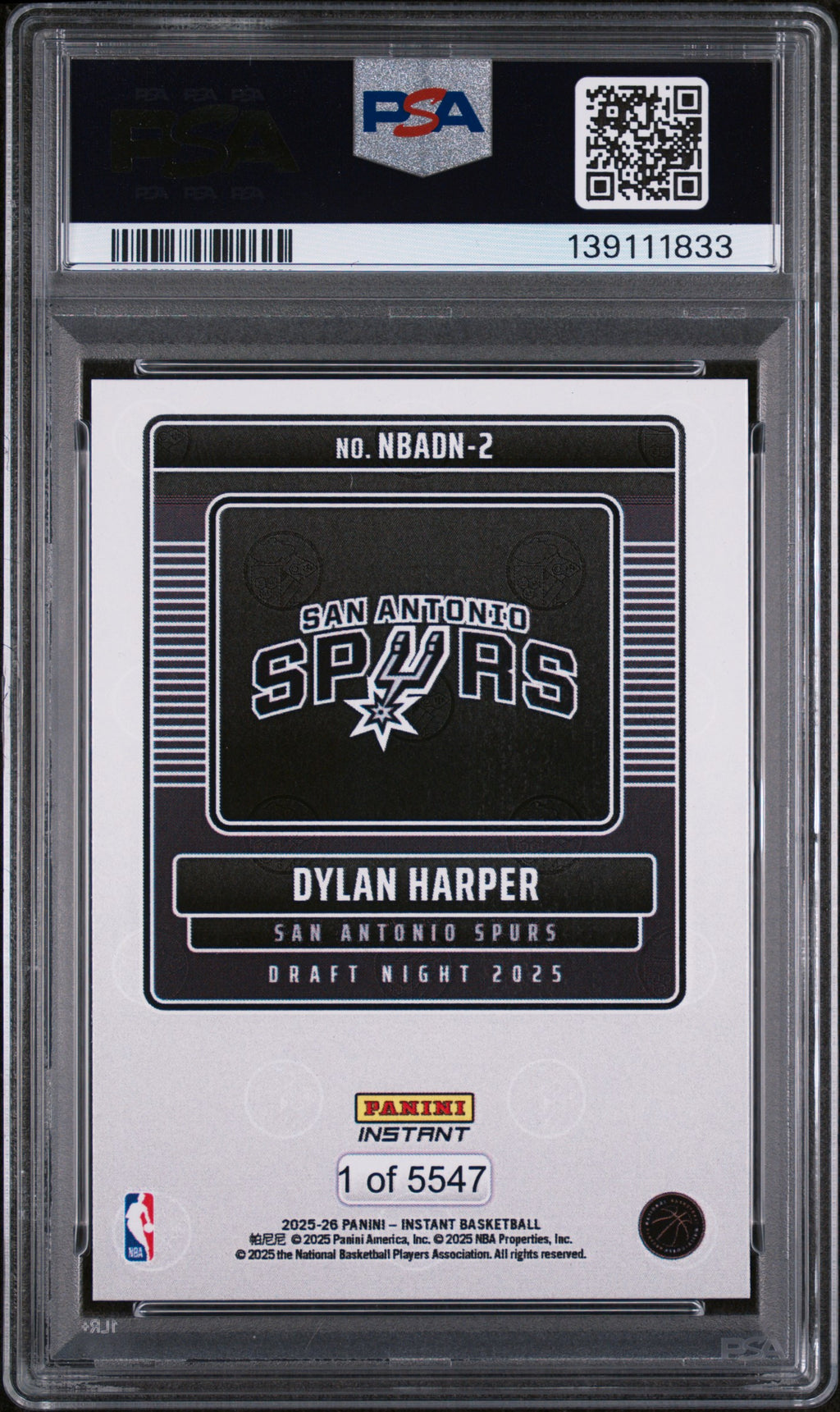 DYLAN HARPER 2025 Panini Instant NBA Draft Night Rookie #2 PSA 9 Spurs