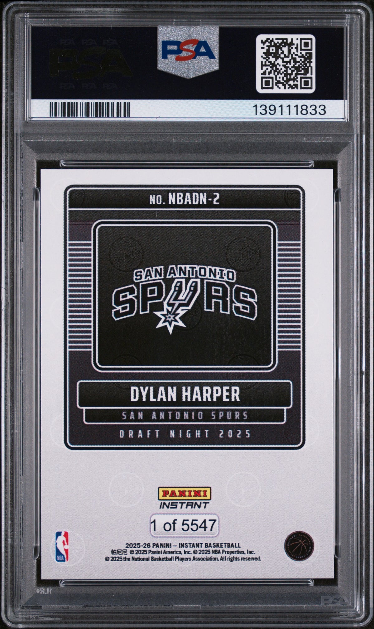 DYLAN HARPER 2025 Panini Instant NBA Draft Night Rookie #2 PSA 9 Spurs