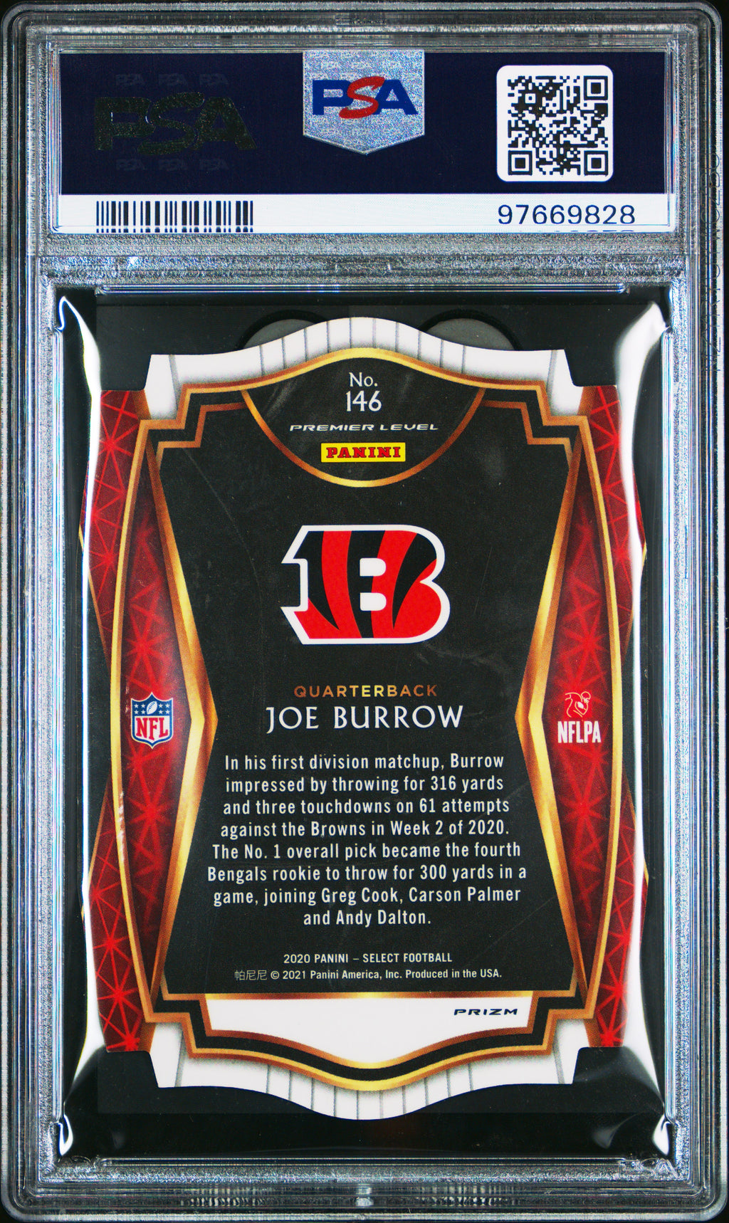JOE BURROW 2020 Panini Select Rookie Die Cut Purple Prizm #146 PSA 9 Bengals