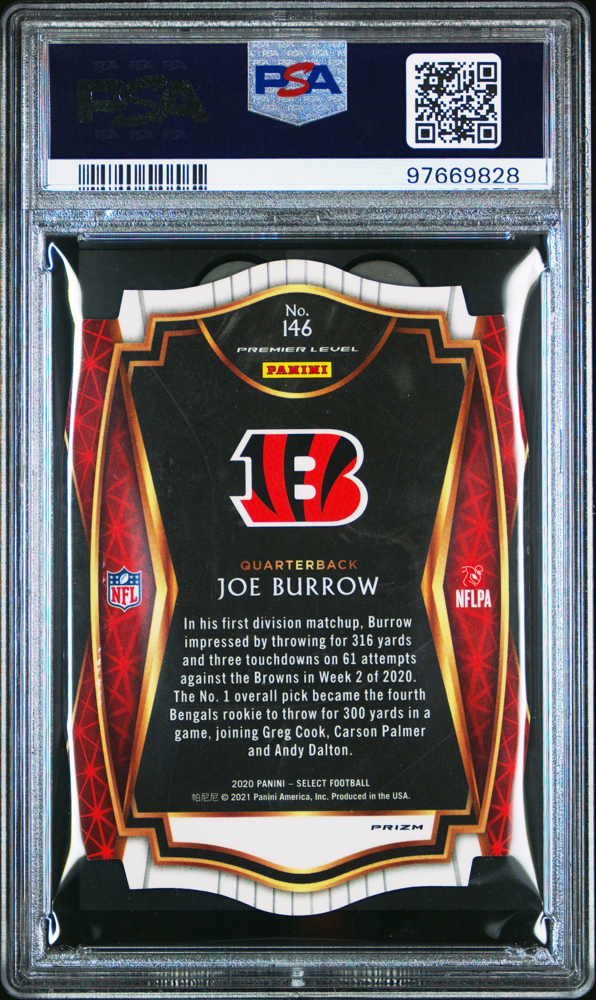JOE BURROW 2020 Panini Select Rookie Die Cut Purple Prizm #146 PSA 9 Bengals