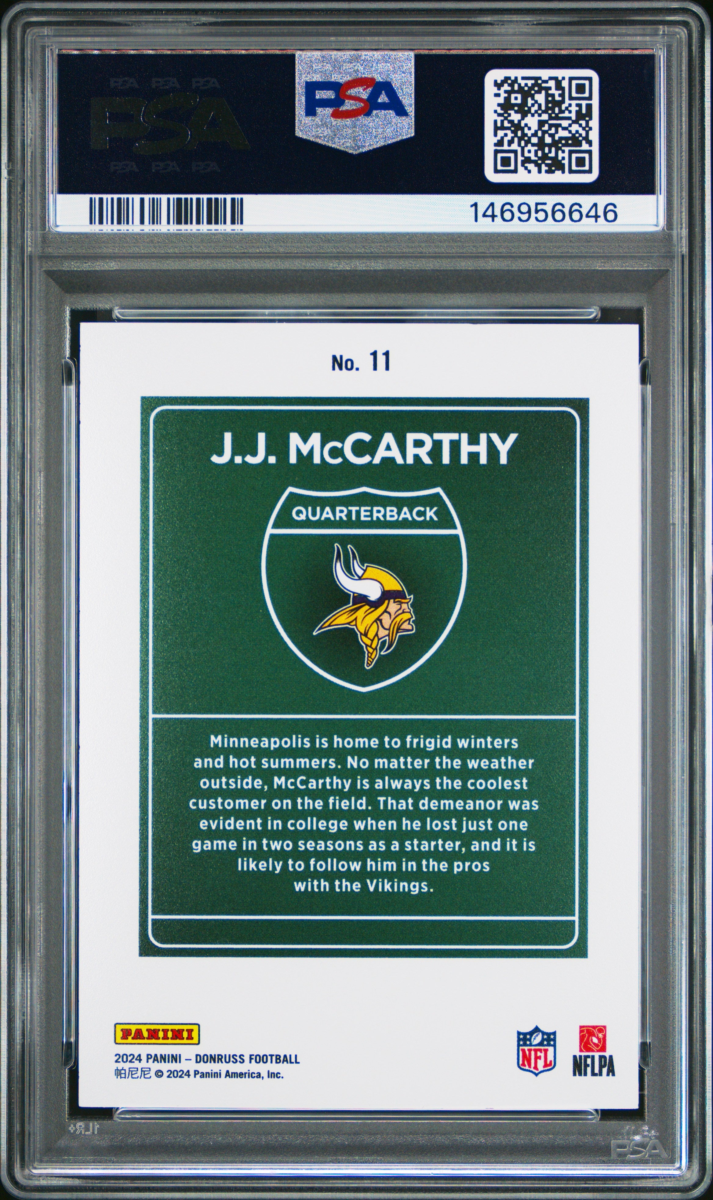 JJ MCCARTHY 2024 Panini Donruss Downtown Case Hit SSP #11 PSA 10 Vikings
