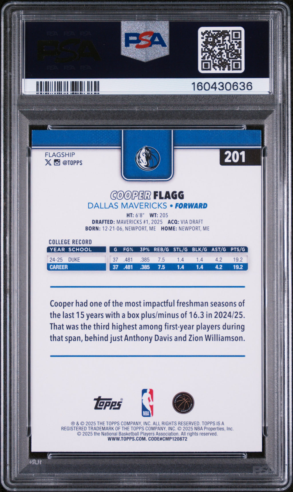 COOPER FLAGG 2025-26 Topps Flagship Rookie Card #201 PSA 10 Mavericks