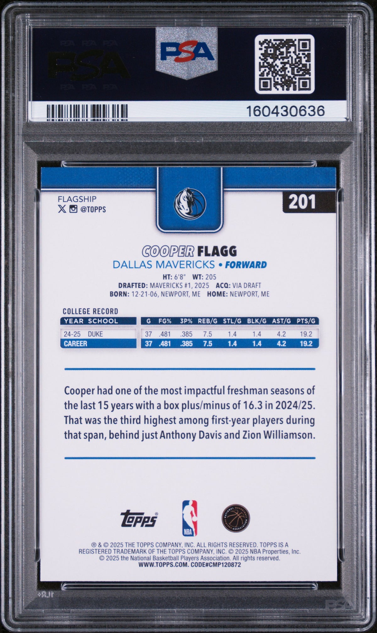COOPER FLAGG 2025-26 Topps Flagship Rookie Card #201 PSA 10 Mavericks