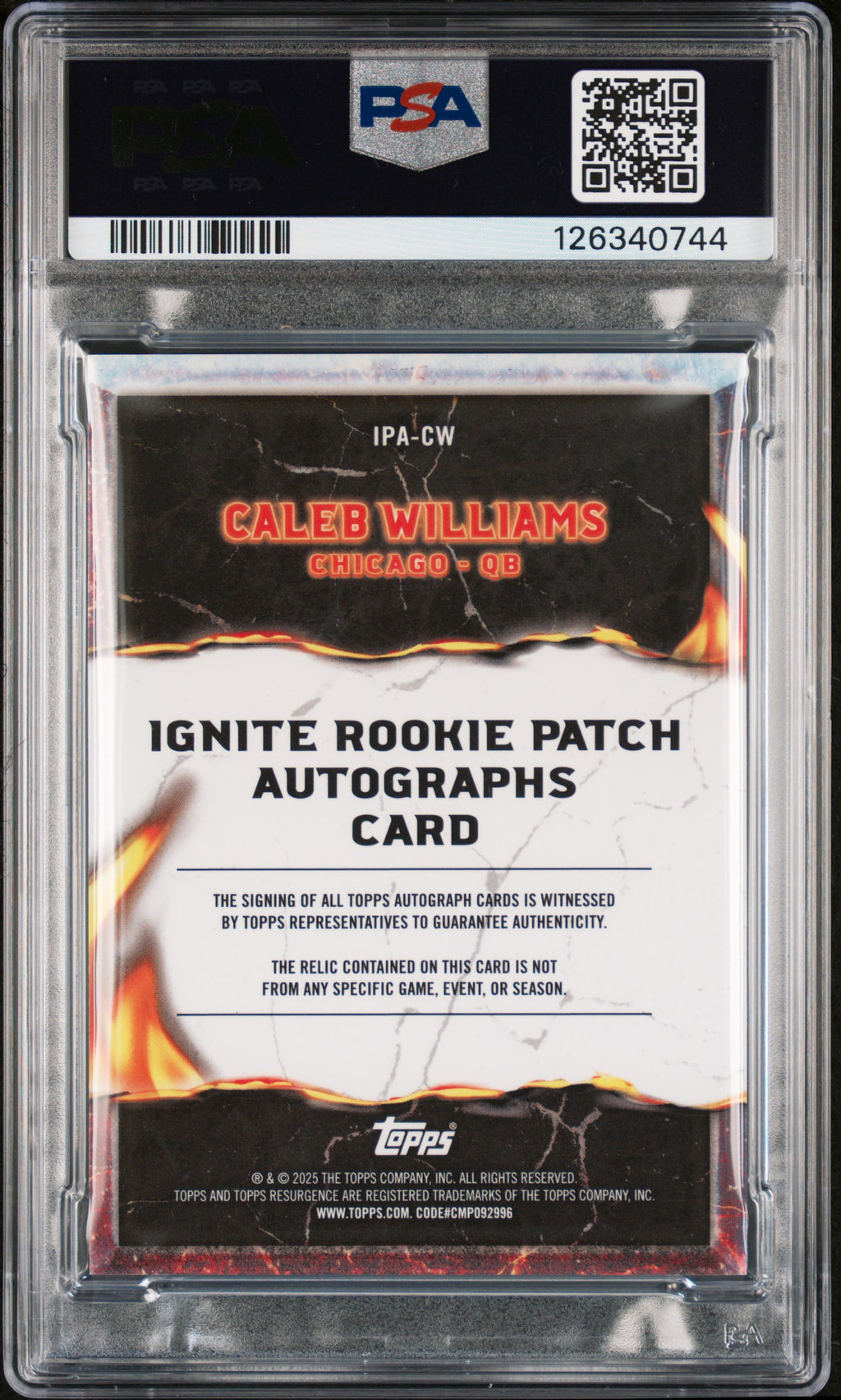 CALEB WILLIAMS 2024 Topps Resurgence Ignite Rookie Patch Auto Purple /75 PSA 10
