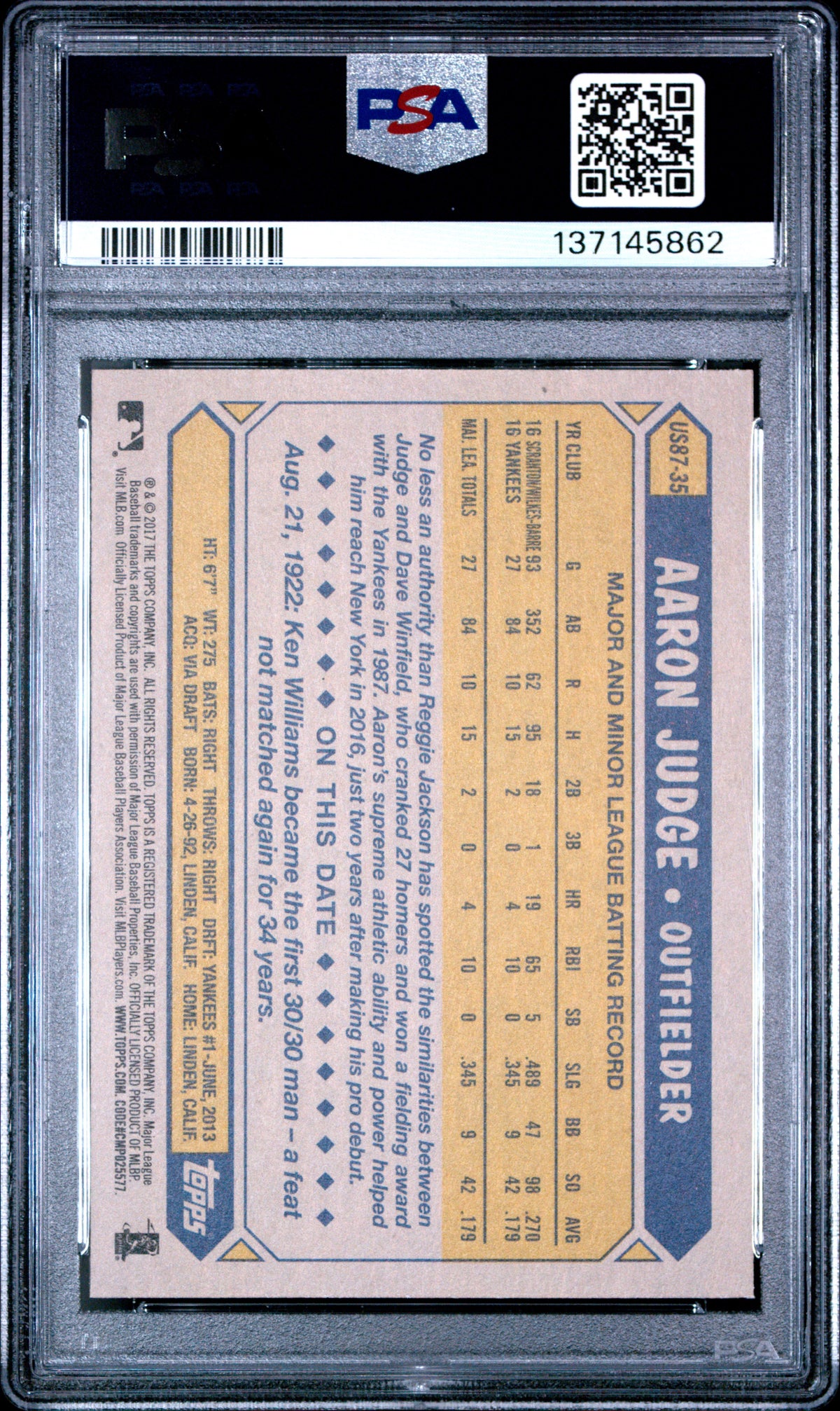 AARON JUDGE 2017 Topps Update Rookie 1987 Topps #35 PSA 10 Yankees