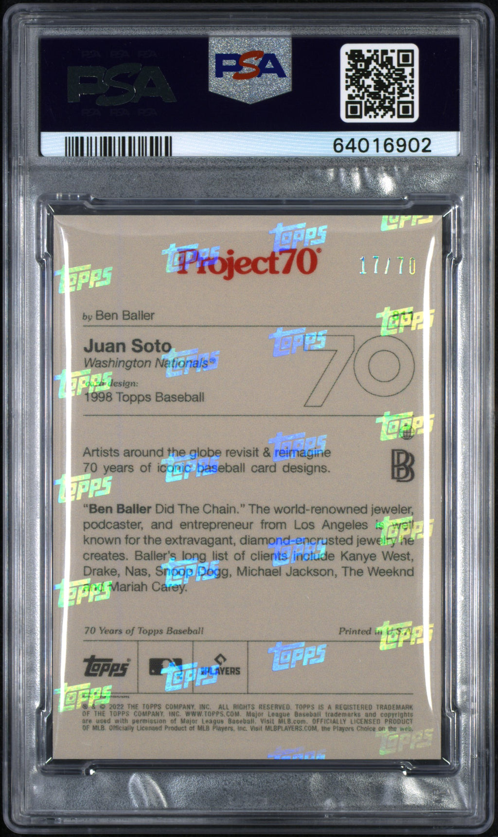 JUAN SOTO 2022 Topps Project 70 Rainbow Foil /70 Ben Baller Auto PSA 10 #81