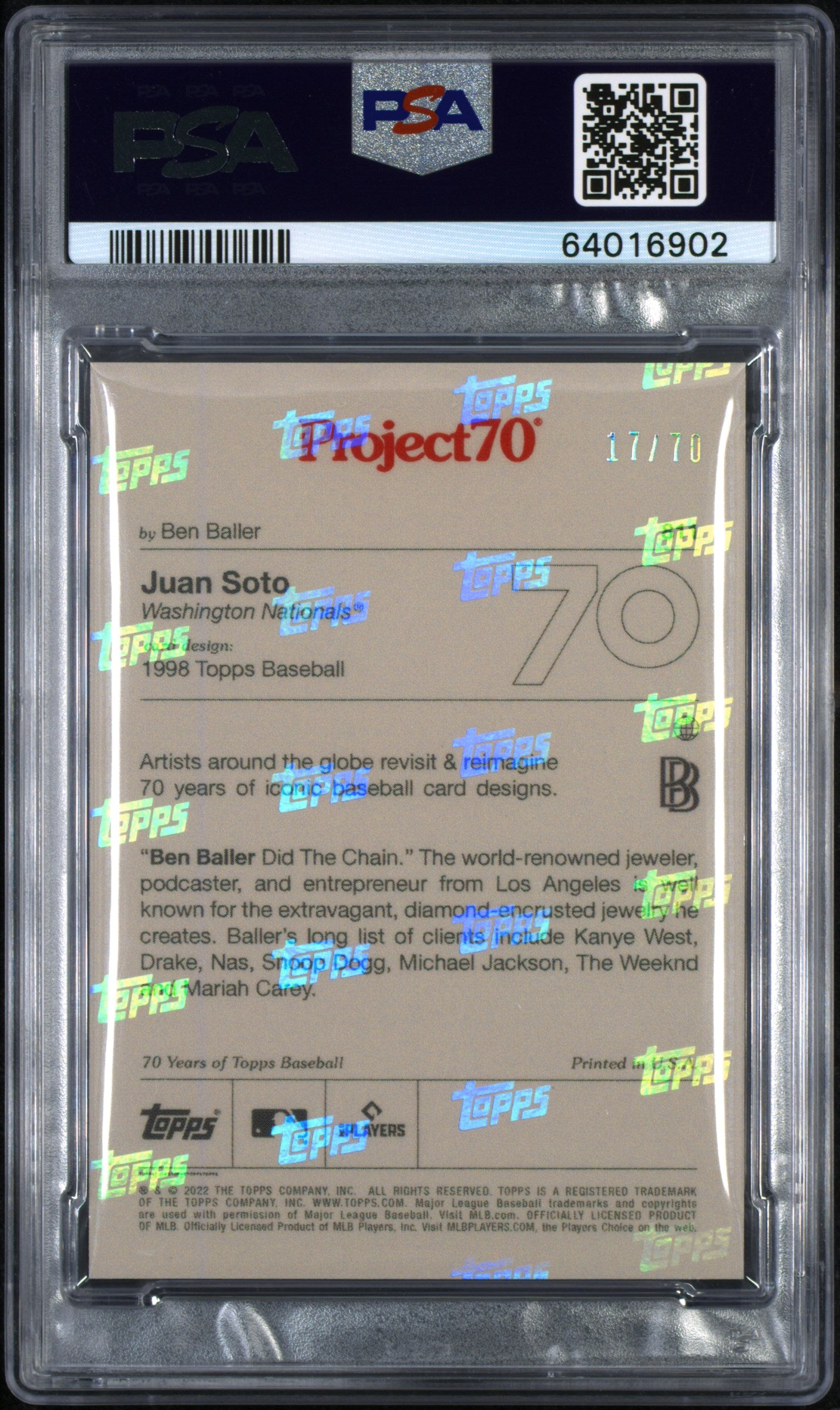 JUAN SOTO 2022 Topps Project 70 Rainbow Foil /70 Ben Baller Auto PSA 10 #81
