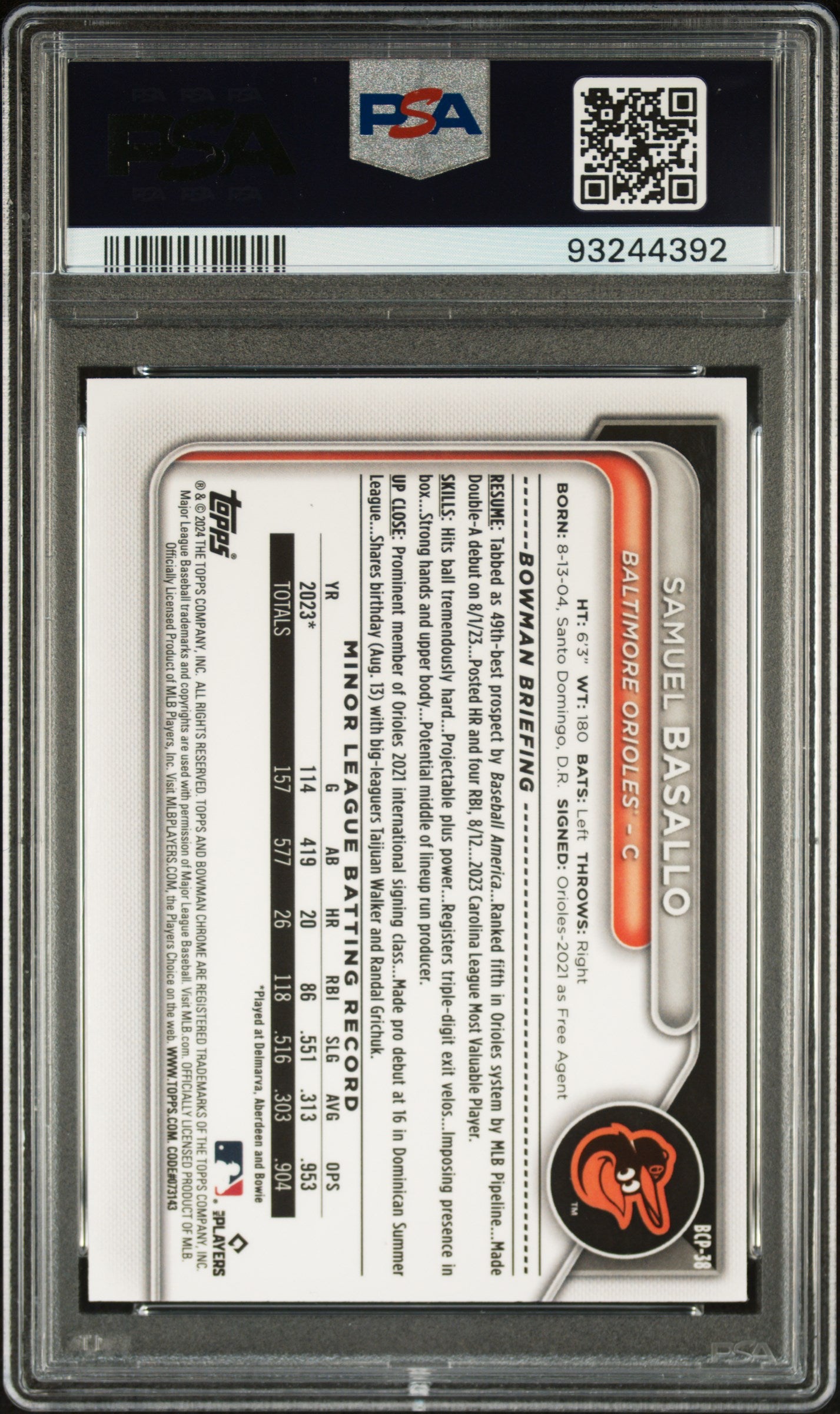 SAMUEL BASALLO 2024 Bowman Chrome Yellow Lunar Refractor /75 #BCP38 PSA 9