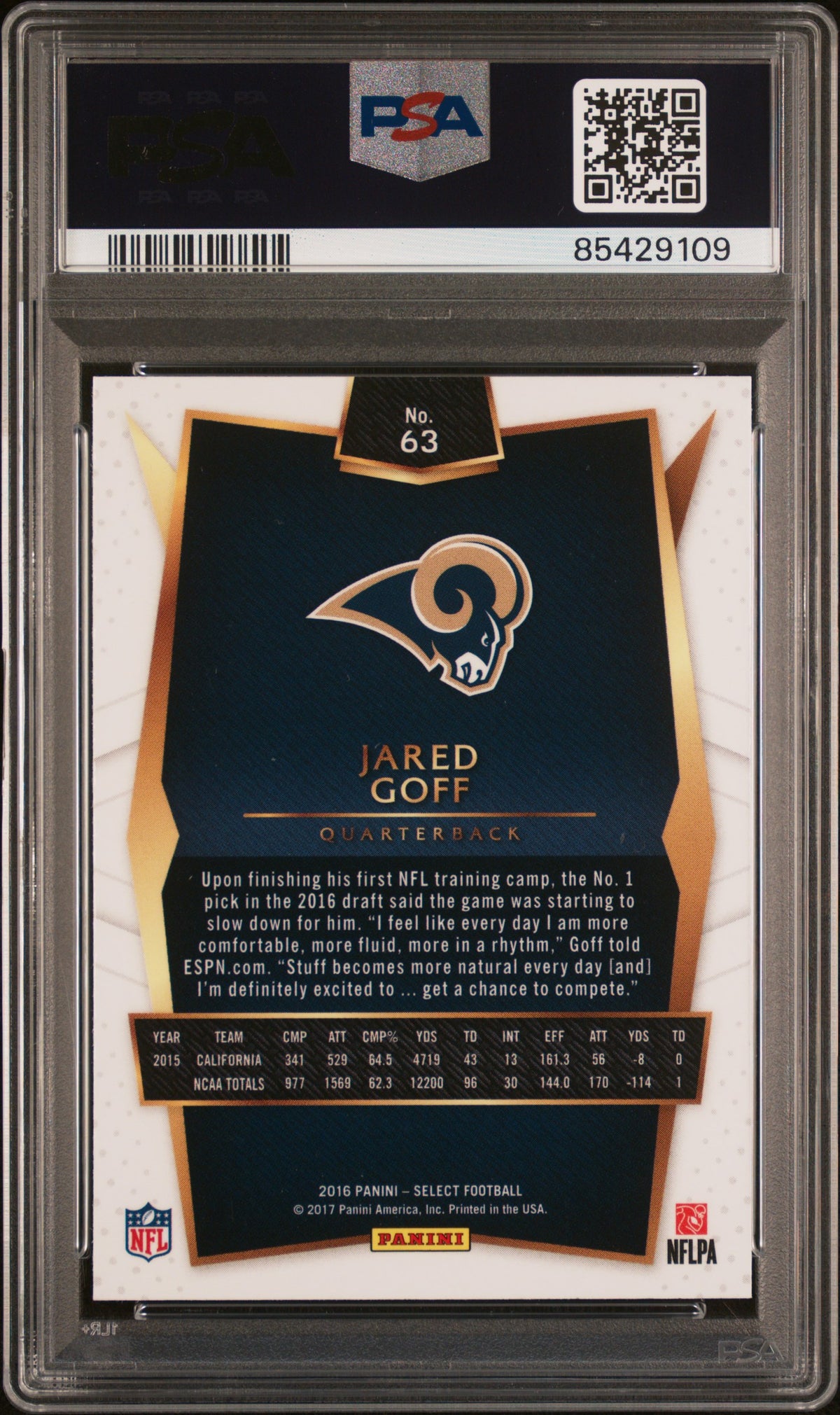 JARED GOFF 2016 Panini Select Rookie Tri-Color Prizm #63 PSA 10 Rams