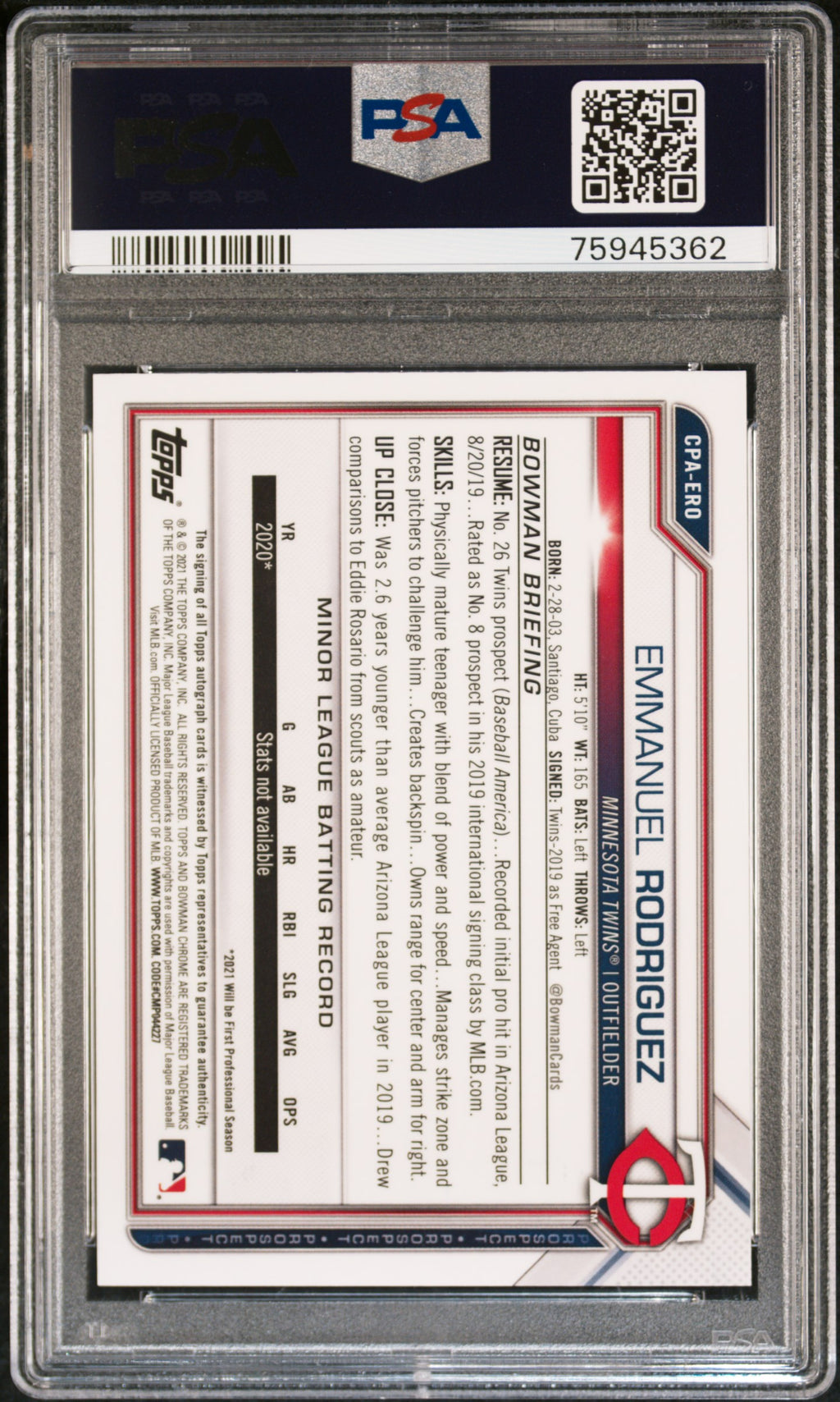 EMMANUEL RODRIGUEZ 2021 Bowman Chrome 1st Prospect Auto #CPAERO PSA 10 Twins