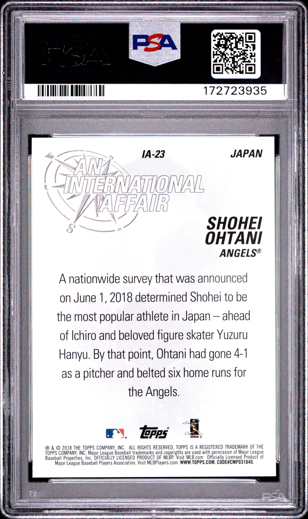 SHOHEI OHTANI 2018 Topps Update Rookie An International Affair #IA-23 PSA 10