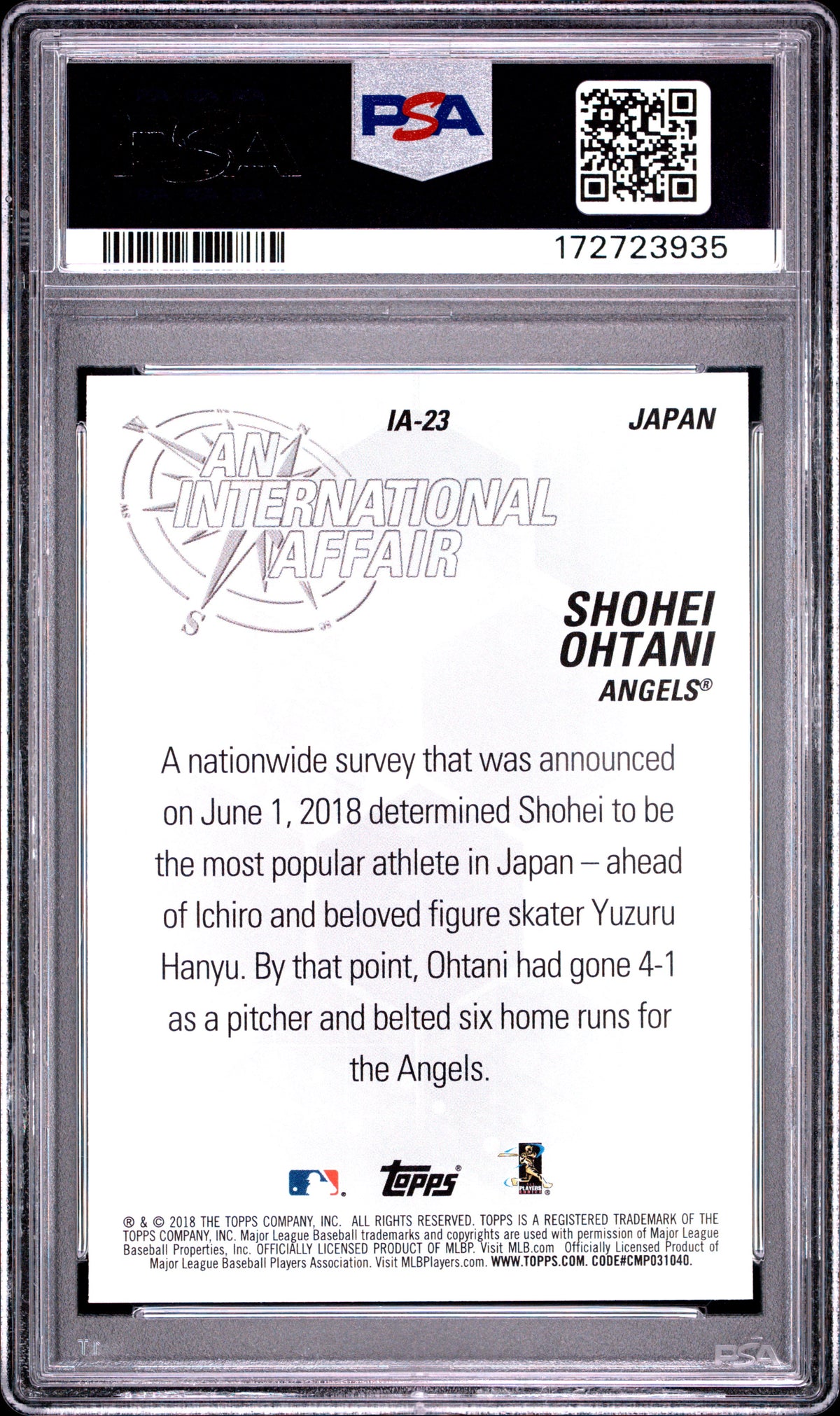 SHOHEI OHTANI 2018 Topps Update Rookie An International Affair #IA-23 PSA 10
