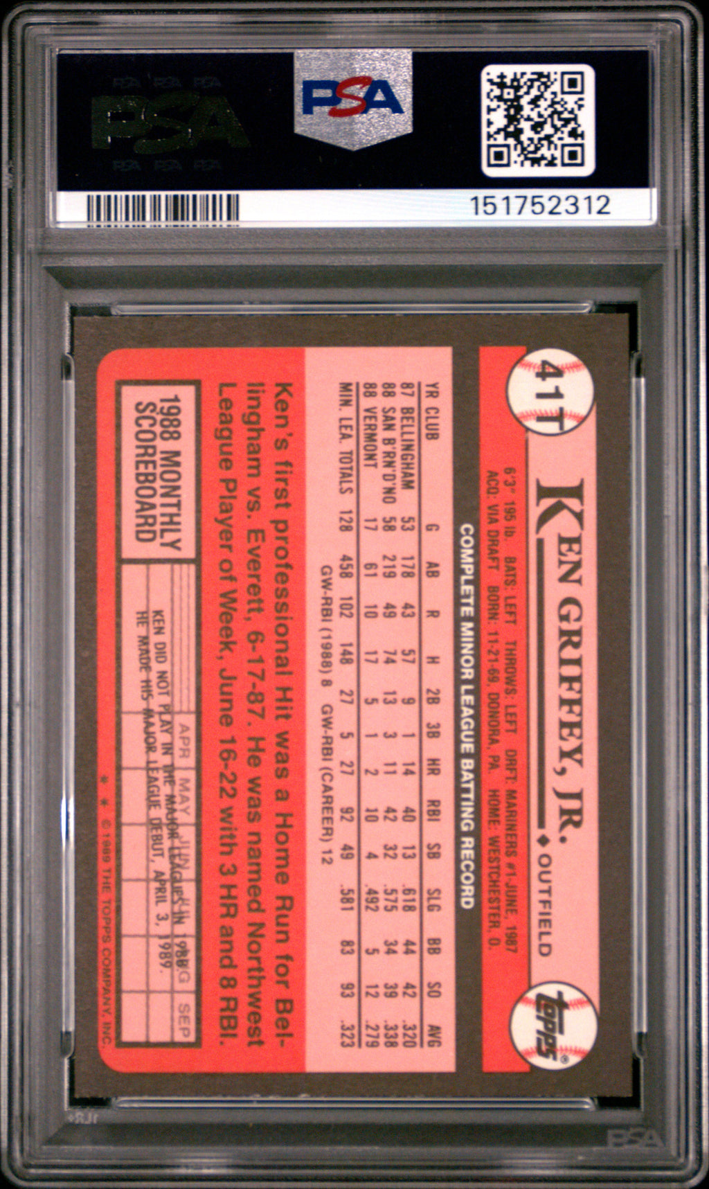 KEN GRIFFEY JR. 1989 Topps Traded Rookie Card #41T PSA 8 Mariners