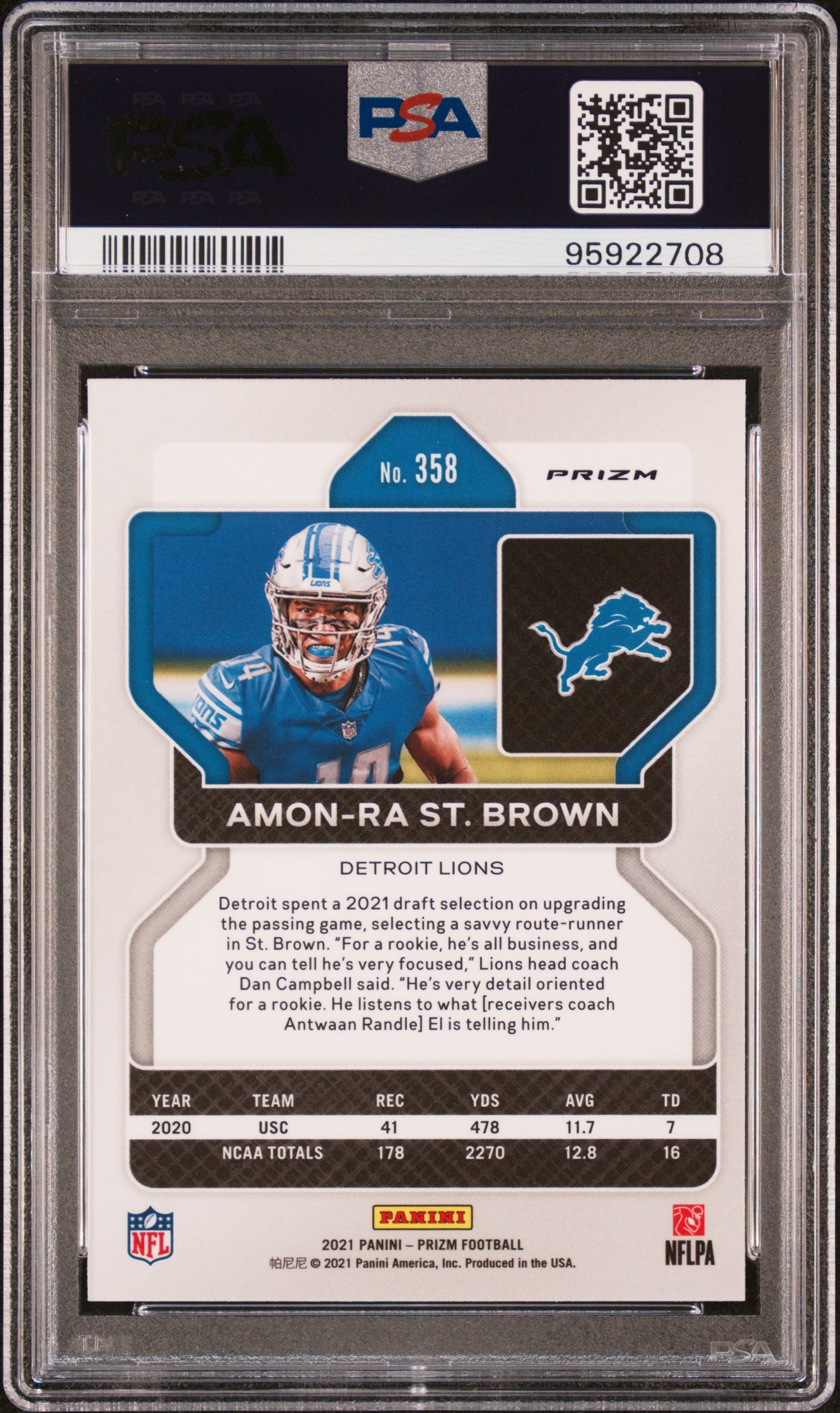 AMON-RA ST. BROWN 2021 Panini Prizm Rookie Lazer #358 PSA 10 Lions