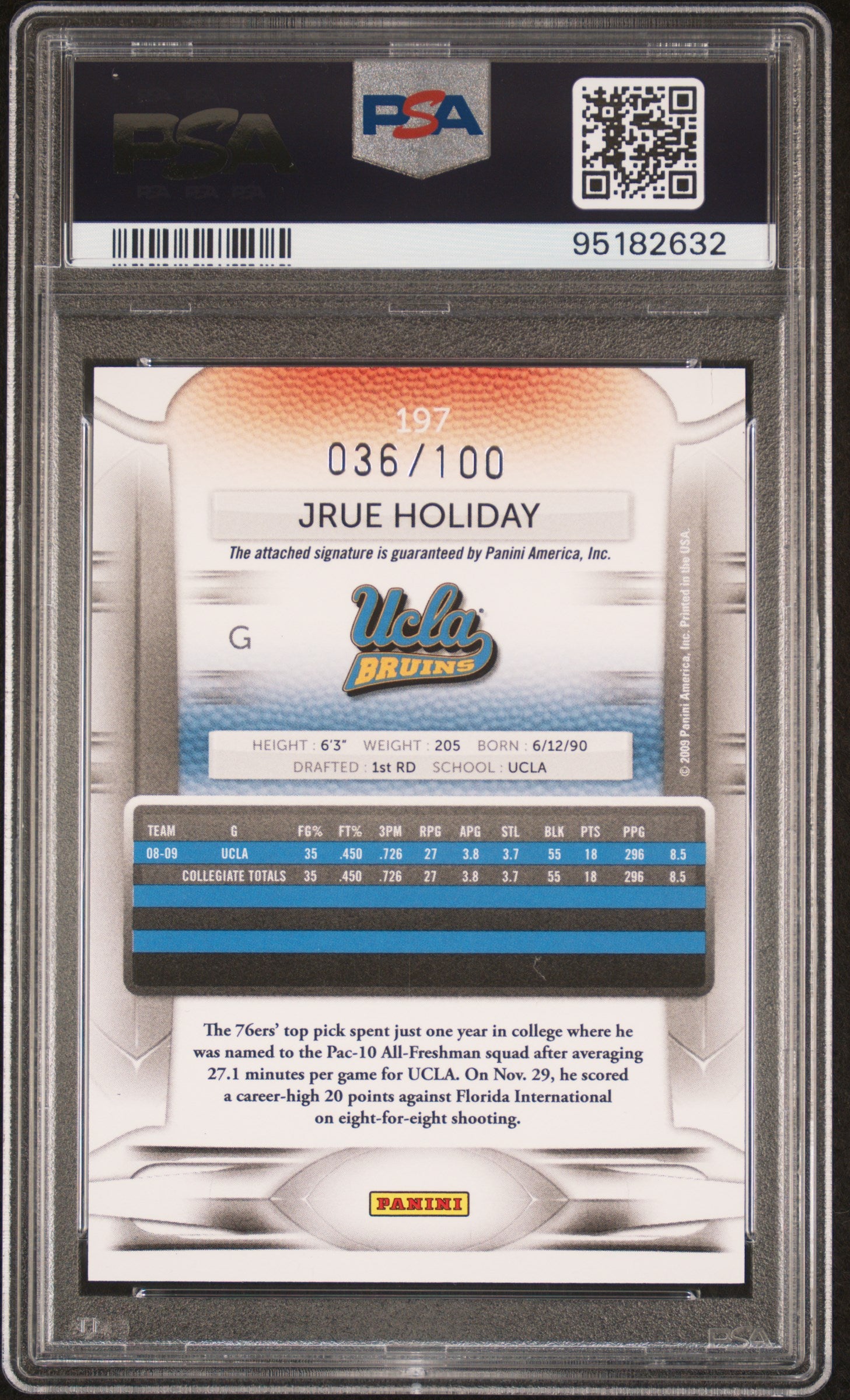 JRUE HOLIDAY 2009-10 Panini Prestige Draft Picks Light Blue Auto /100 PSA 10