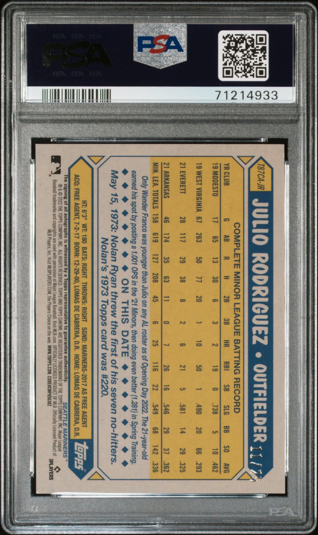 JULIO RODRIGUEZ 2022 Topps Silver Pack Rookie Orange Auto /25 #T87CA-JR PSA 9