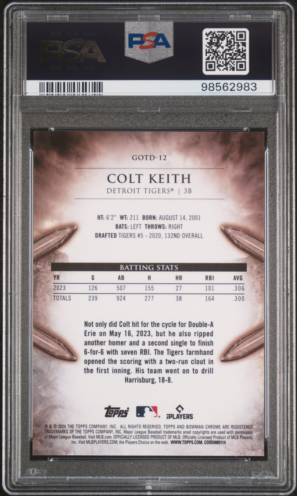 COLT KEITH 2024 Bowman Chrome Gladiators Rookie Orange Refractor /25 #12 PSA 10