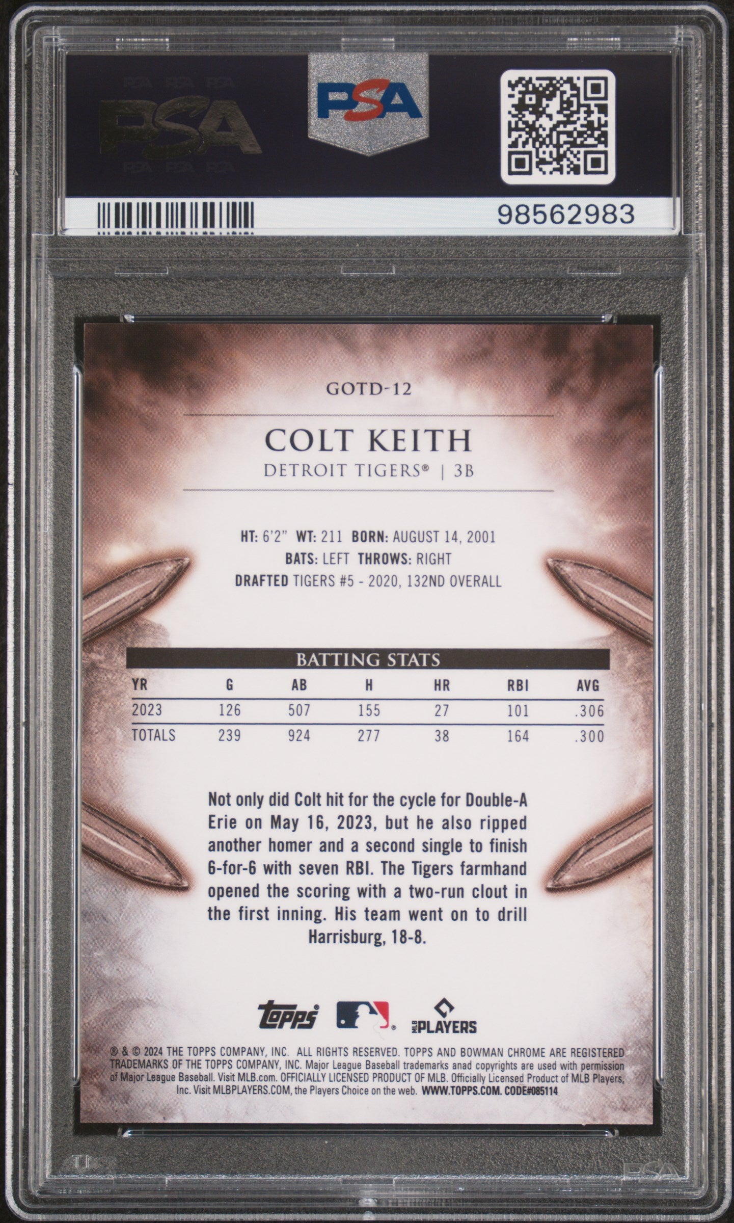 COLT KEITH 2024 Bowman Chrome Gladiators Rookie Orange Refractor /25 #12 PSA 10