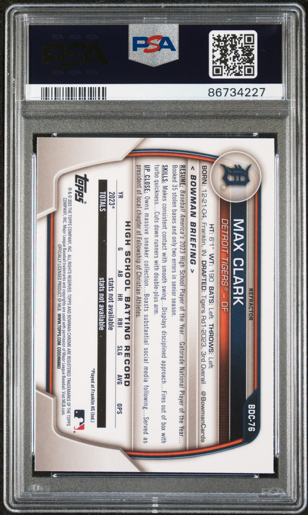 MAX CLARK 2023 Bowman Draft 1st Chrome Refractor #BDC76 PSA 10 Tigers