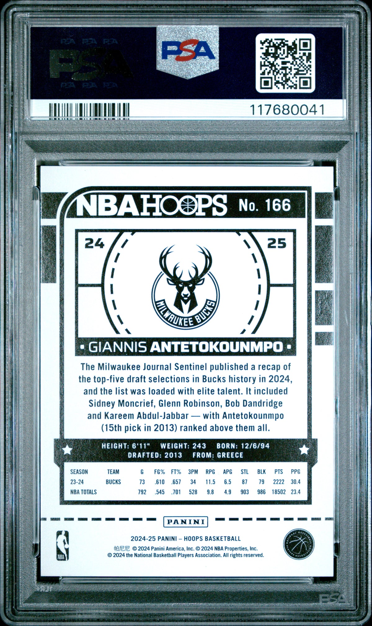 GIANNIS ANTETOKOUNMPO 2024-25 Panini NBA Hoops Storm /299 #166 PSA 10 Bucks