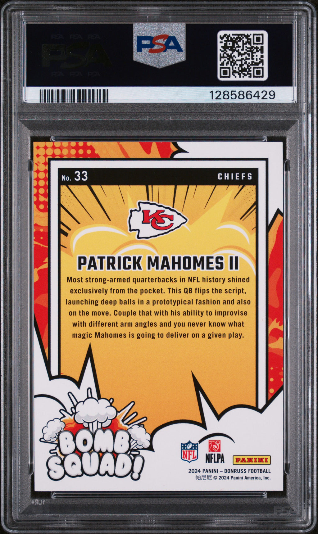 PATRICK MAHOMES II 2024 Panini Donruss Bomb Squad Holo /100 #33 PSA 9 Chiefs