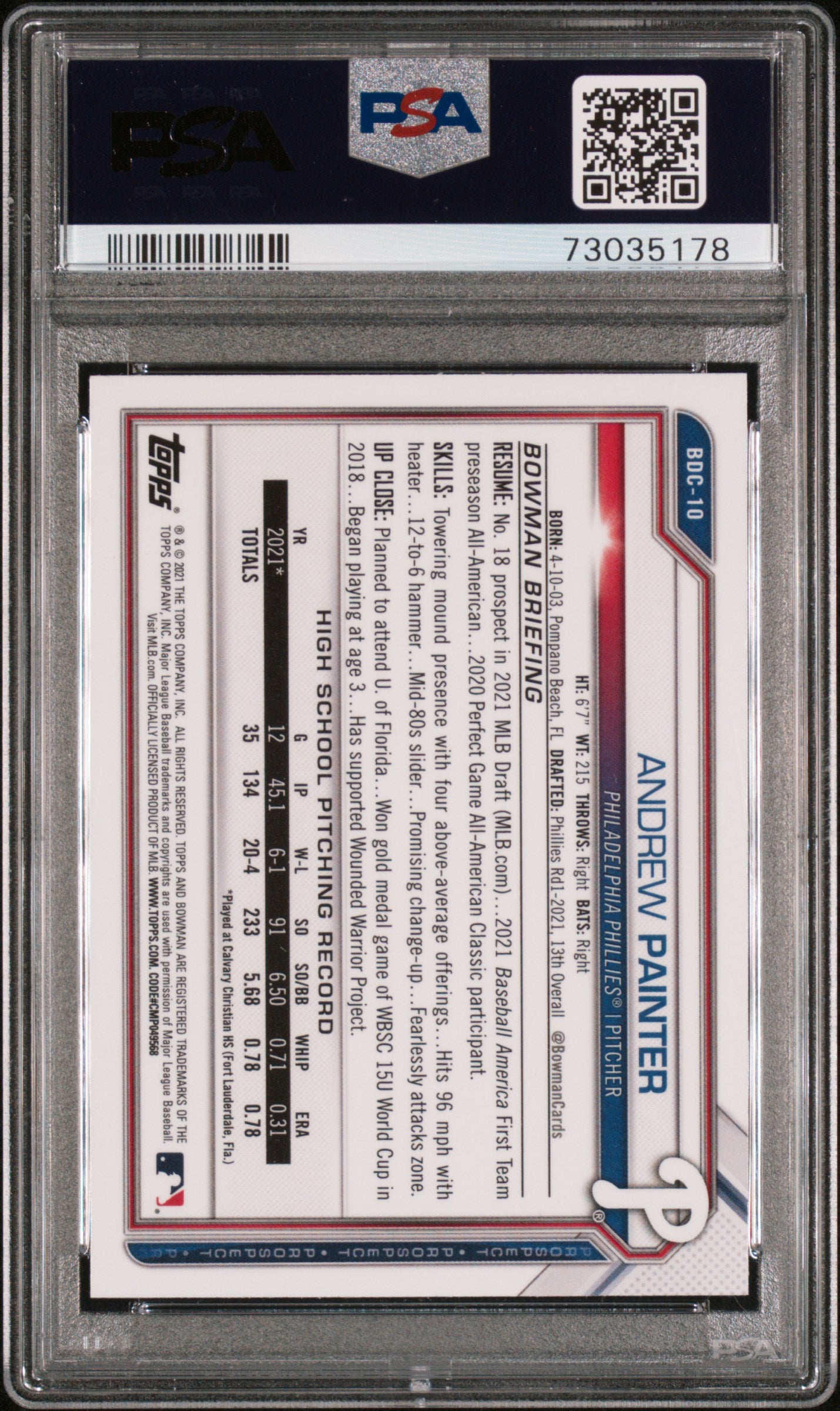 ANDREW PAINTER 2021 Bowman Draft Chrome Sparkle Refractor #DBC10 PSA 10 Phillies
