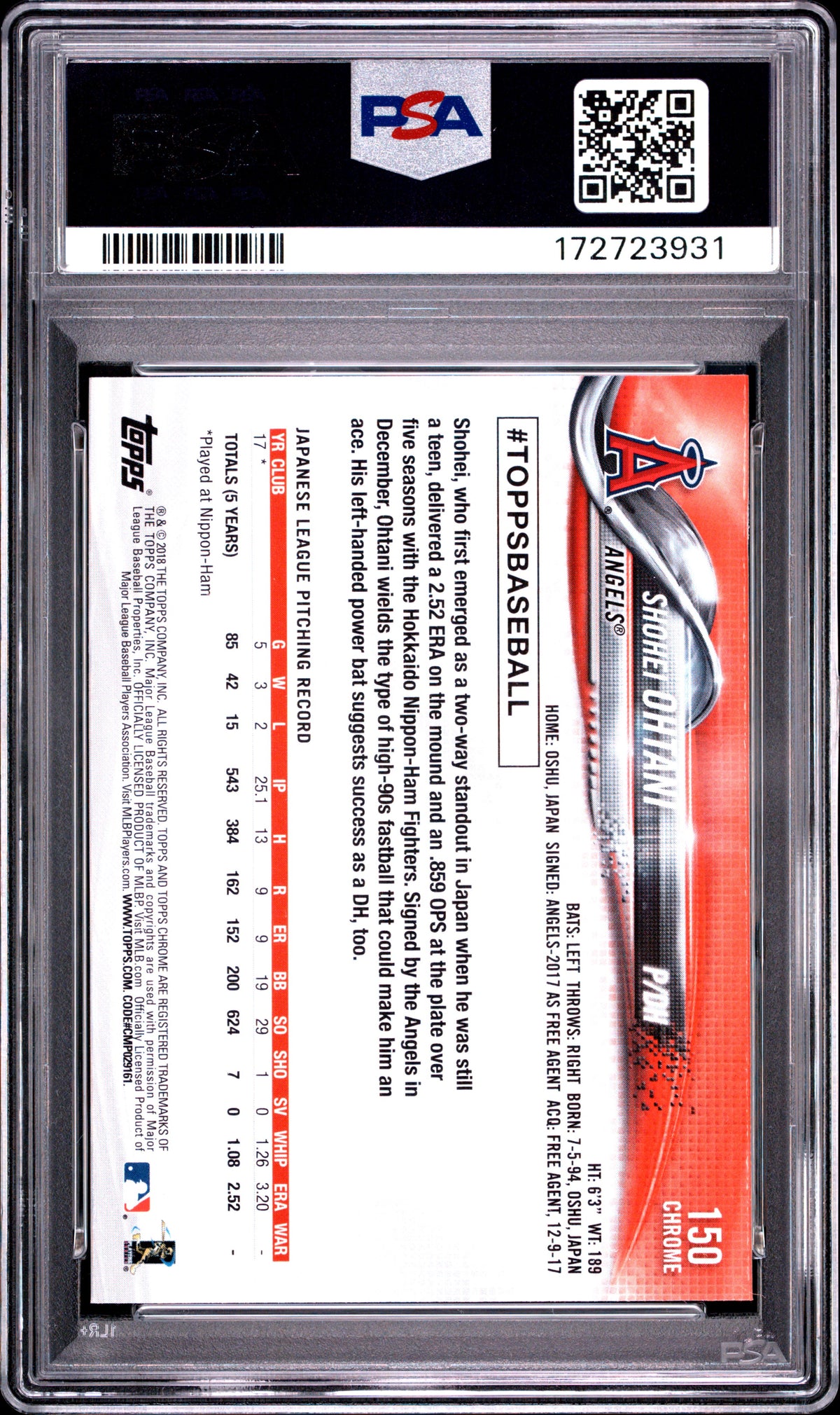 SHOHEI OHTANI 2018 Topps Chrome Rookie Card #150 PSA 9 Angels