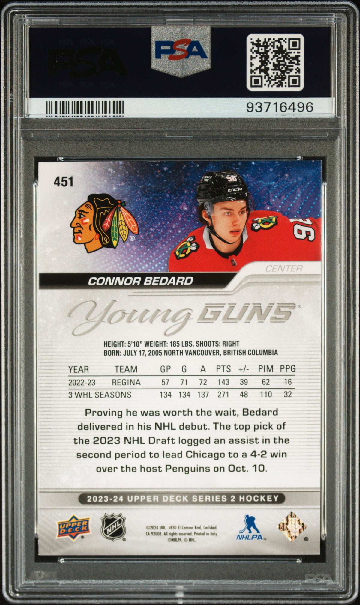 CONNOR BEDARD 2023-24 Upper Deck Series 2 Young Guns #451 PSA 9 Blackhawks