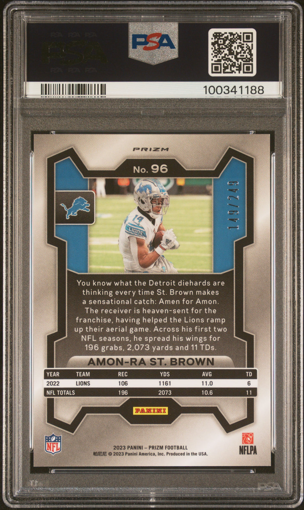 AMON-RA ST. BROWN 2023 Panini Prizm Orange /249 #96 PSA 10 Lions