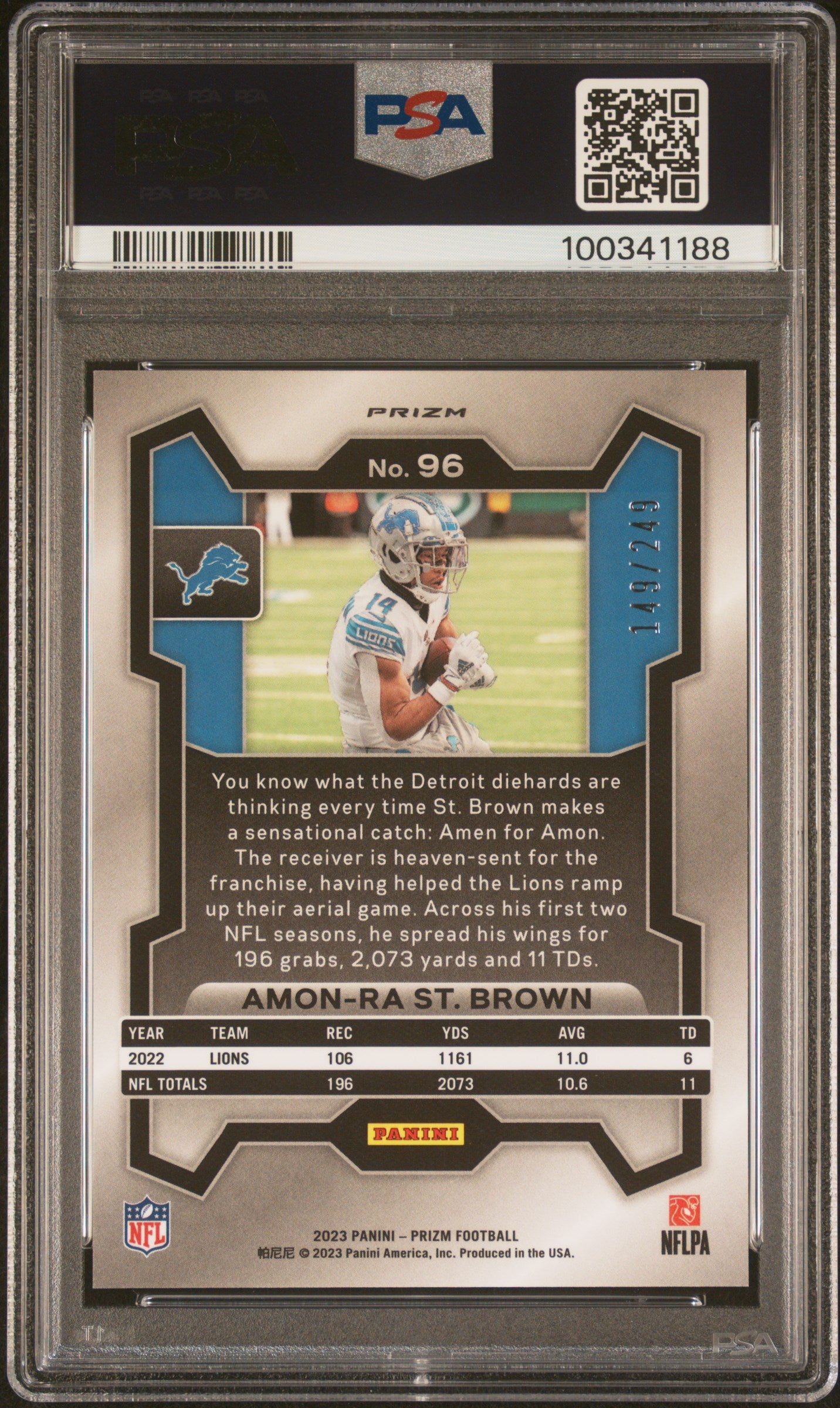 AMON-RA ST. BROWN 2023 Panini Prizm Orange /249 #96 PSA 10 Lions