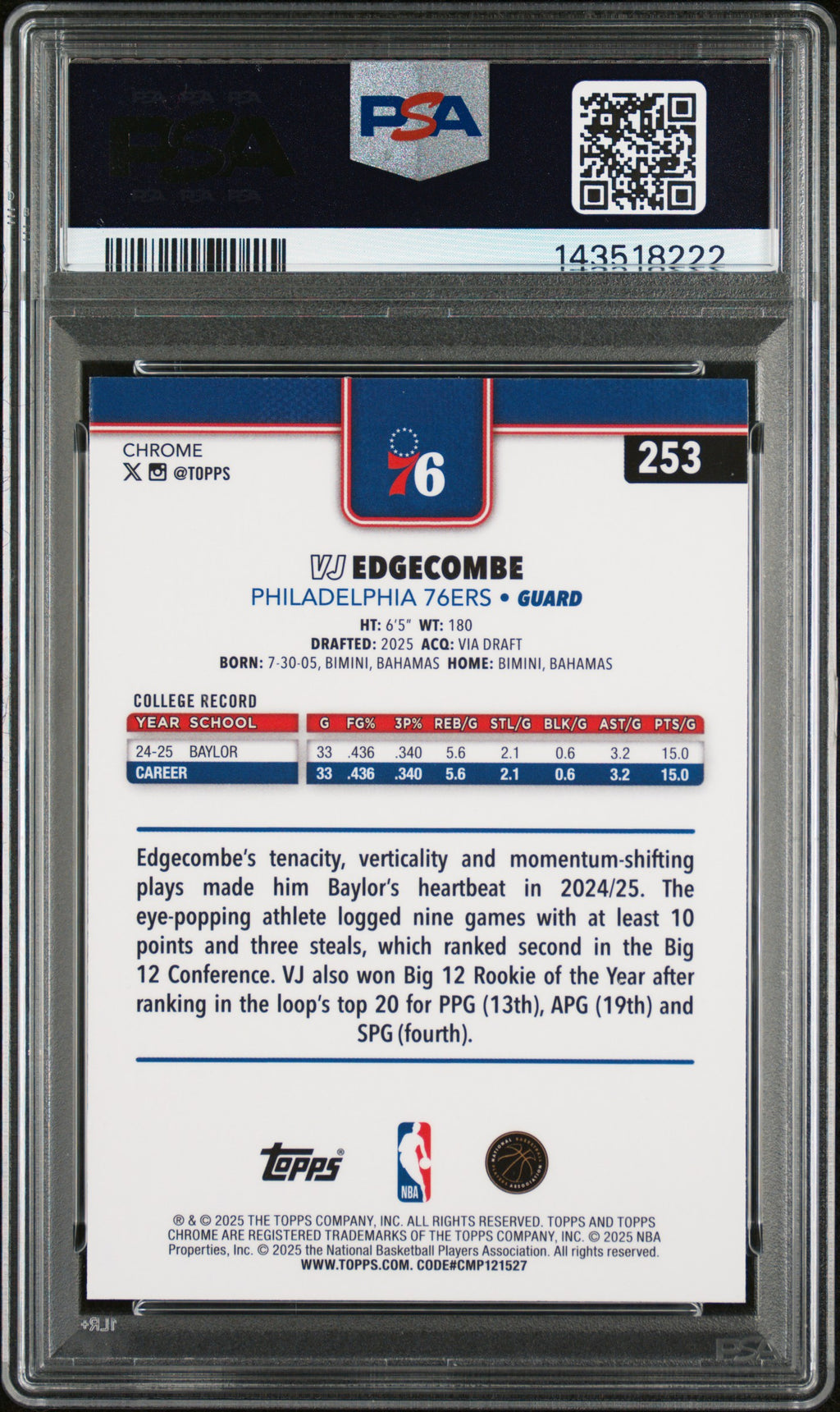 VJ EDGECOMBE 2025-26 Topps Chrome Rookie Basketball Refractor #253 PSA 10 76ers