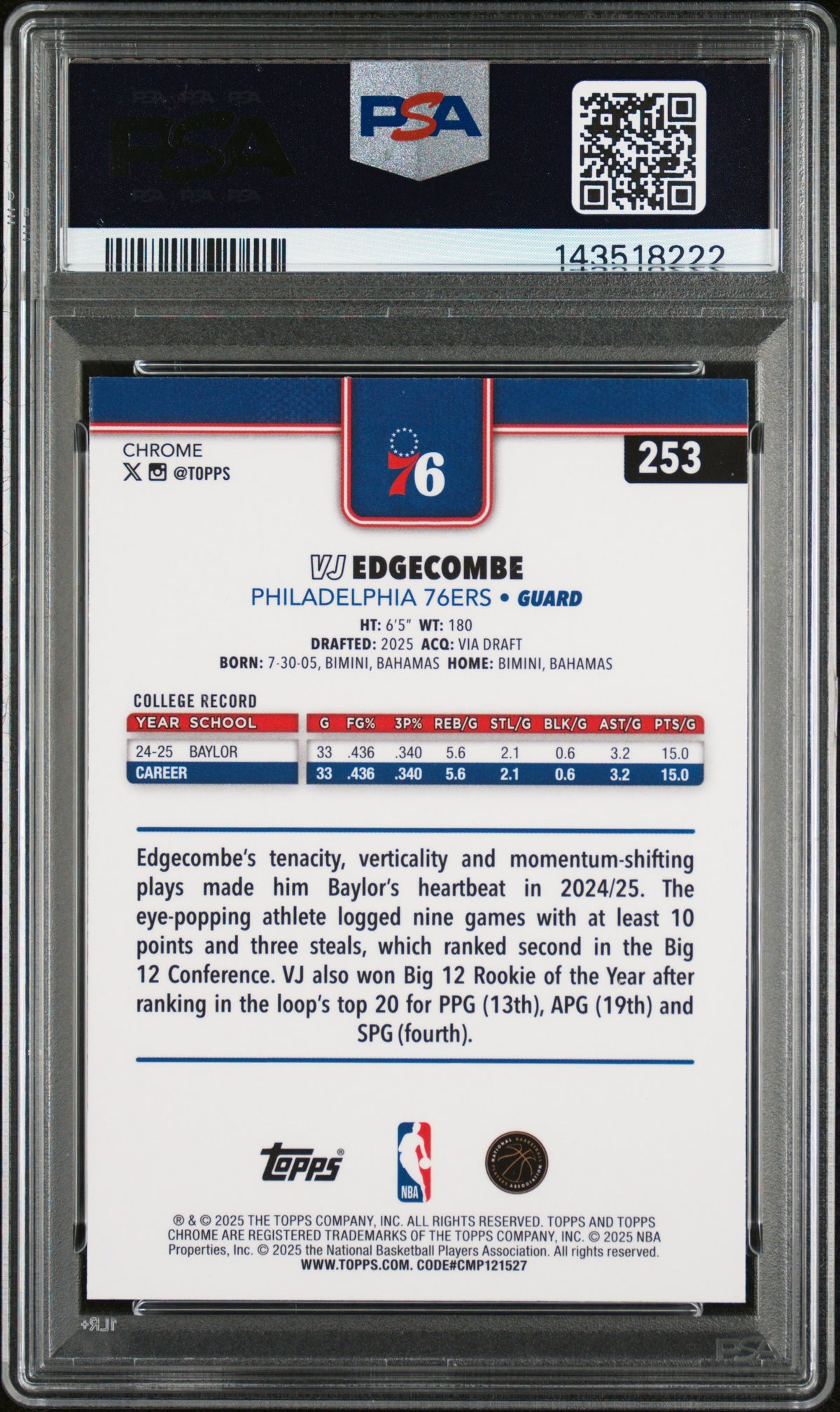 VJ EDGECOMBE 2025-26 Topps Chrome Rookie Basketball Refractor #253 PSA 10 76ers