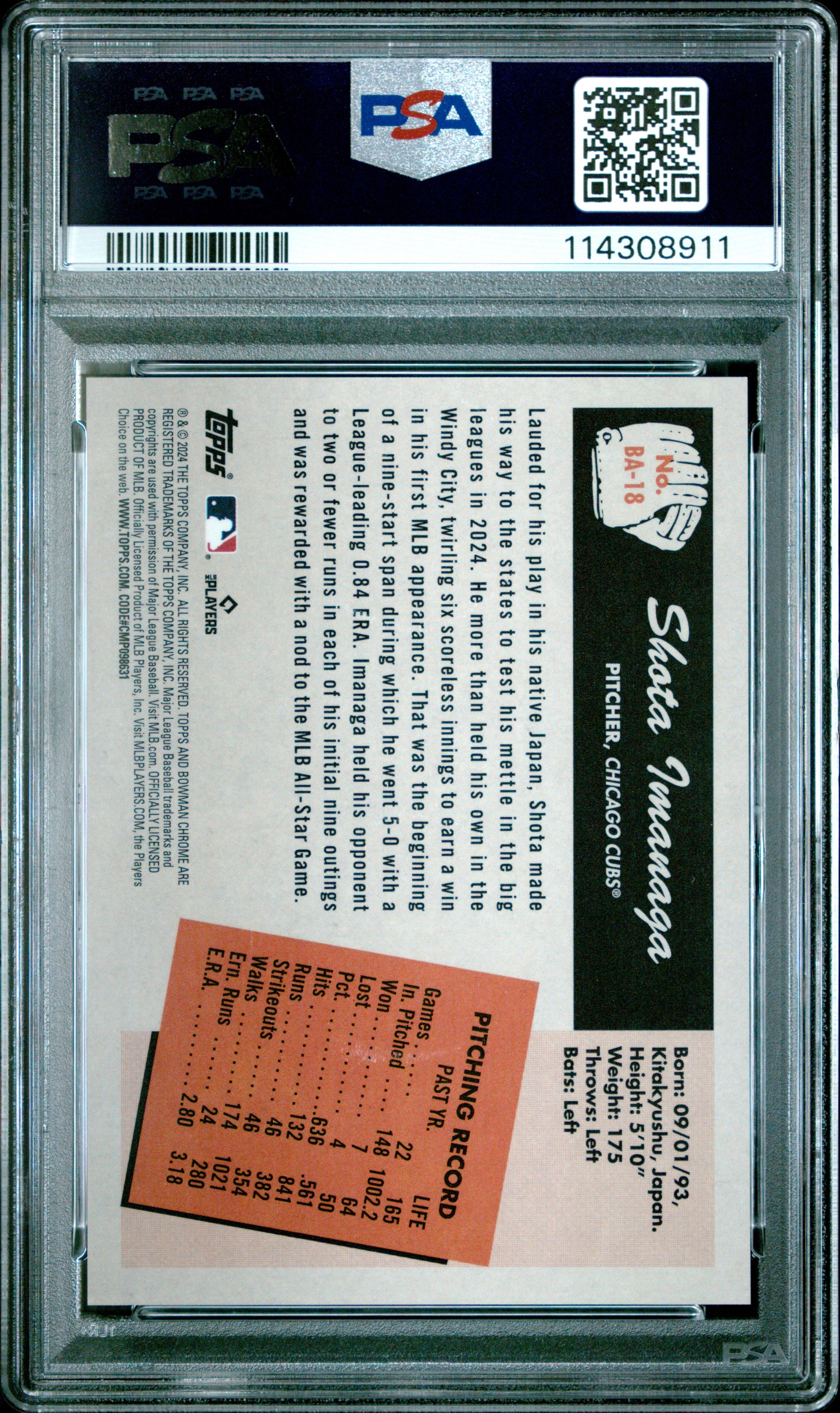 SHOTA IMANAGA 2024 Bowman's Best 1955 Anime Rookie SSP #BA18 PSA 10 Cubs