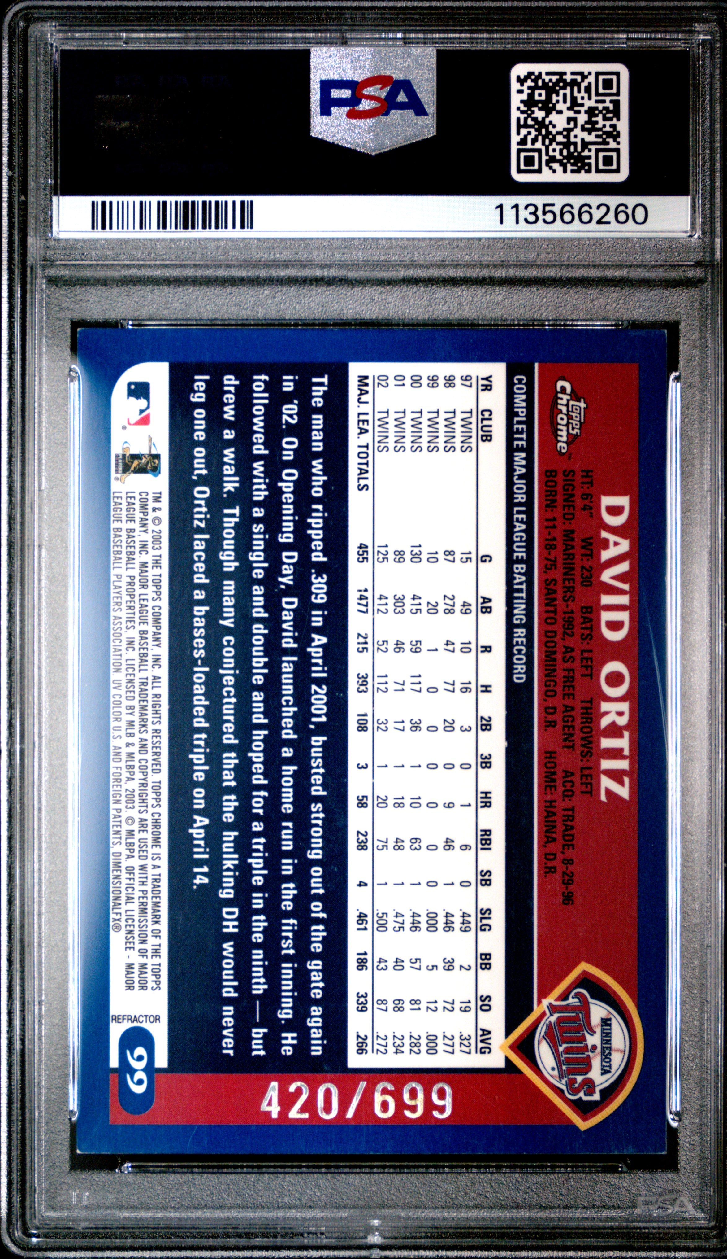 DAVID ORTIZ 2003 Topps Chrome Refractor /699 #99 HOF PSA 7 Twins