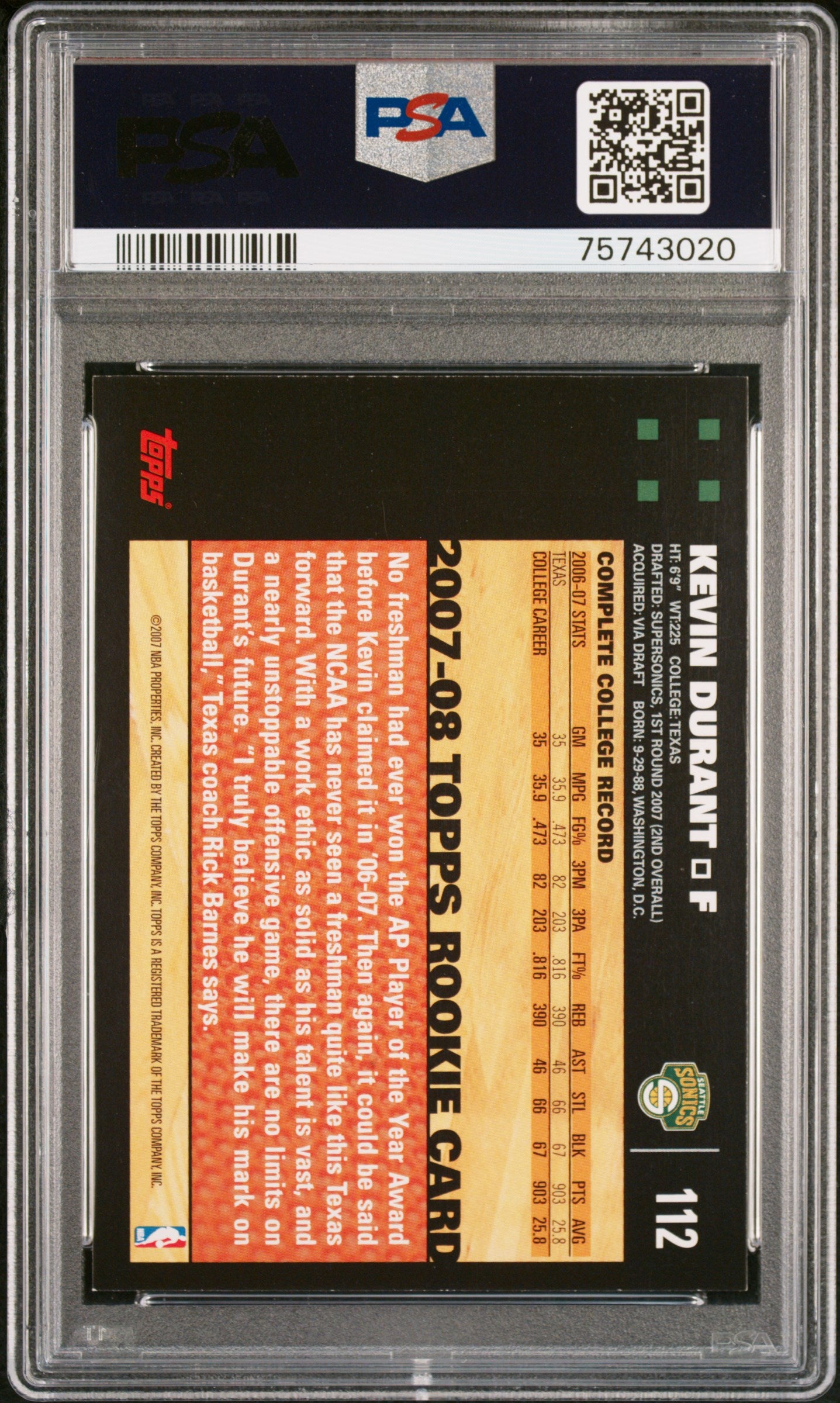 KEVIN DURANT 2007-08 Topps Rookie #112 PSA 9 Supersonics