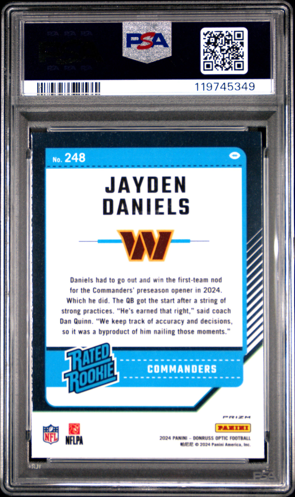 JAYDEN DANIELS 2024 Donruss Optic Rated Rookie Blue Glitter Prizm SSP 248 PSA 10