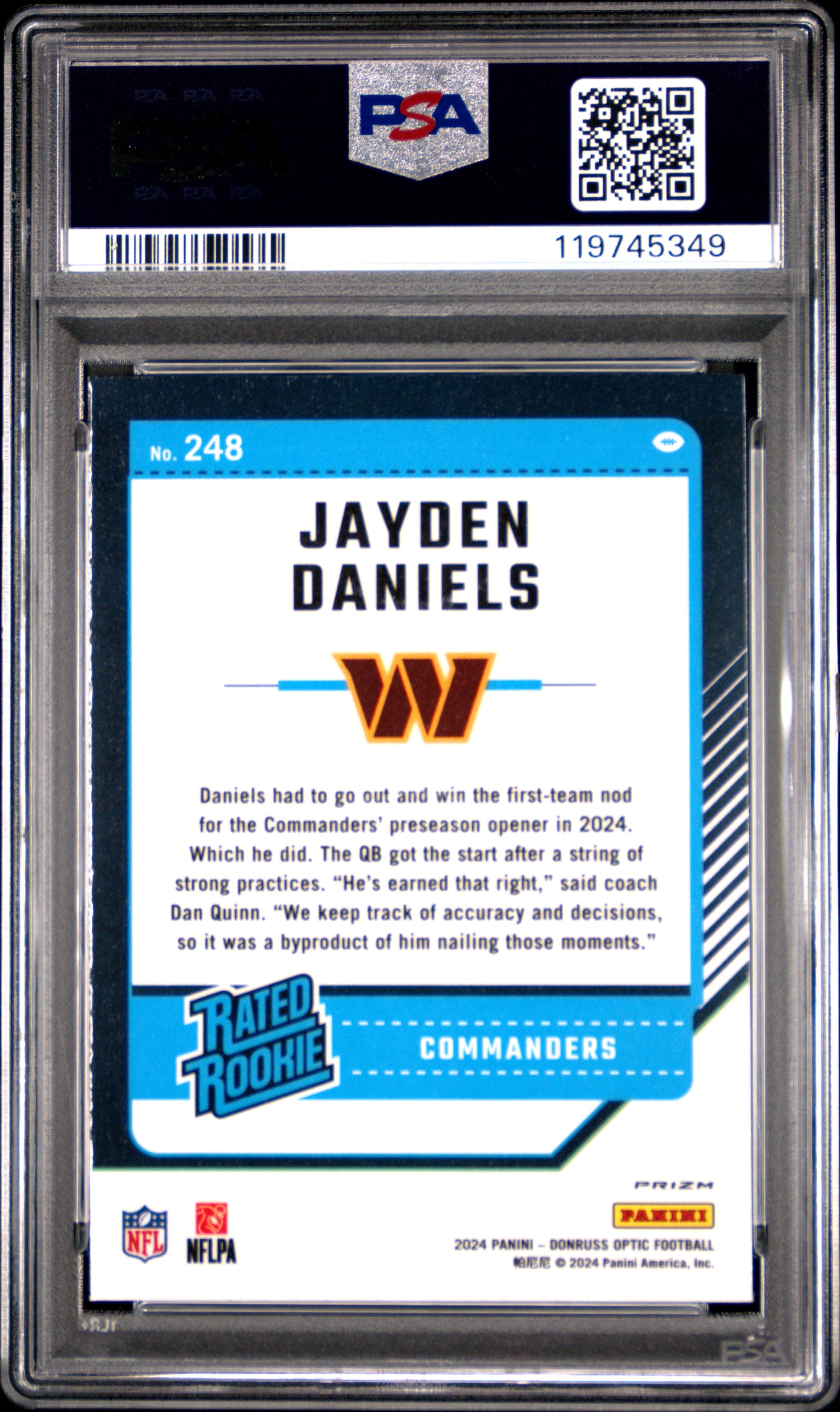 JAYDEN DANIELS 2024 Donruss Optic Rated Rookie Blue Glitter Prizm SSP 248 PSA 10