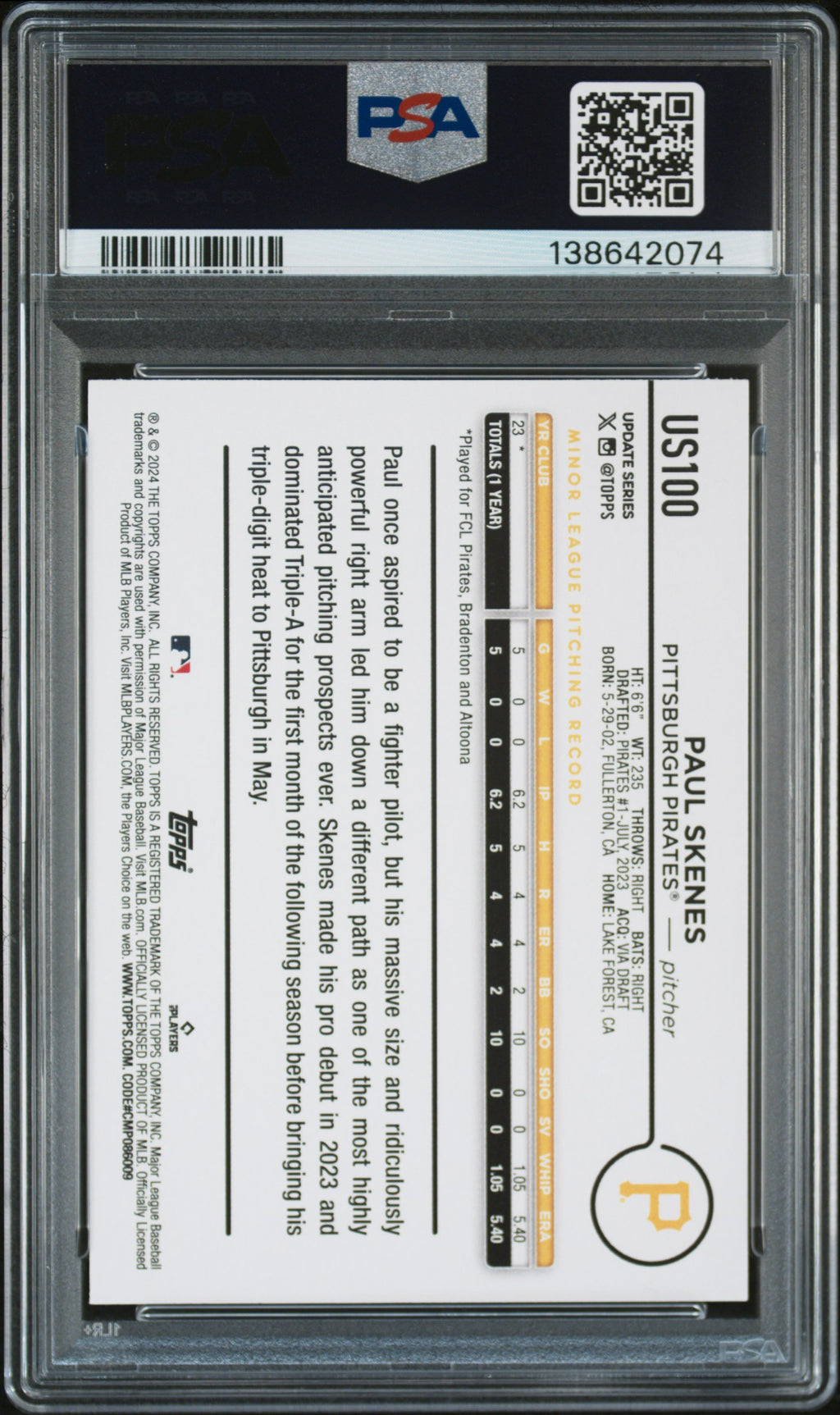 PAUL SKENES 2024 Topps Update Rookie Card #US100 PSA 10 Pirates