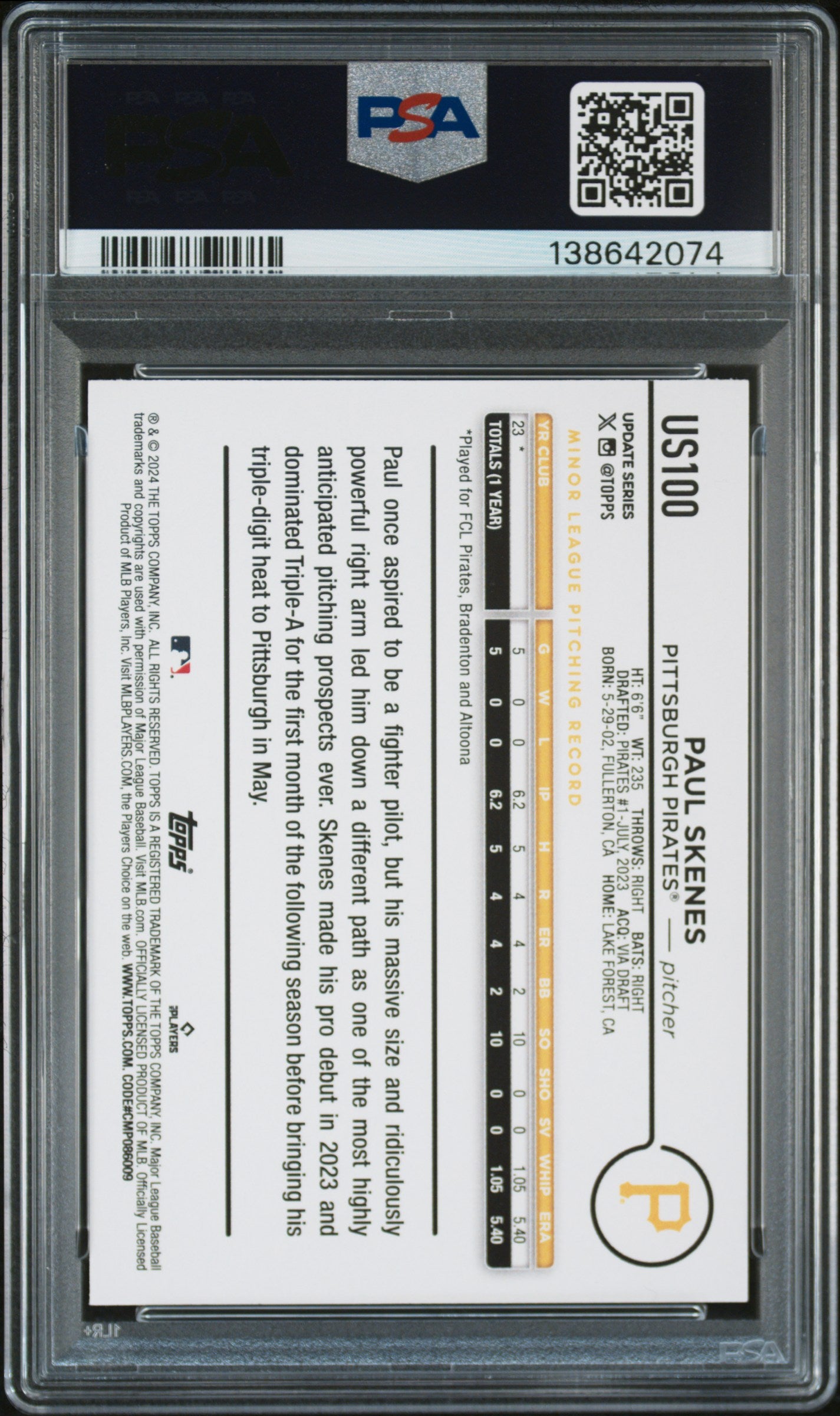 PAUL SKENES 2024 Topps Update Rookie Card #US100 PSA 10 Pirates