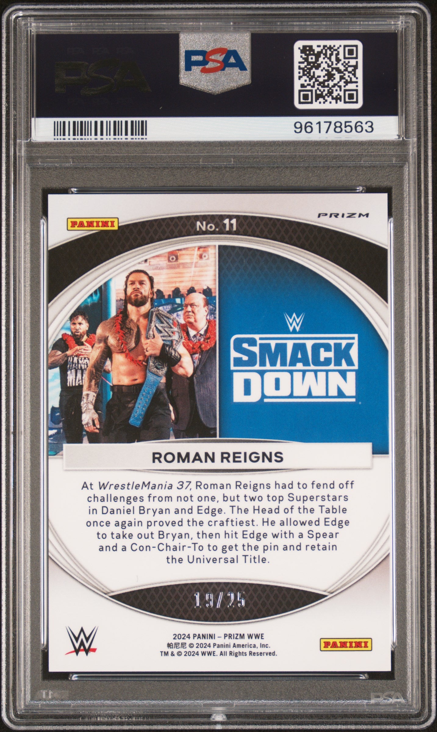 ROMAN REIGNS 2024 Panini Prizm WWE Wrestlemania Moments Mojo /25 #11 PSA 10